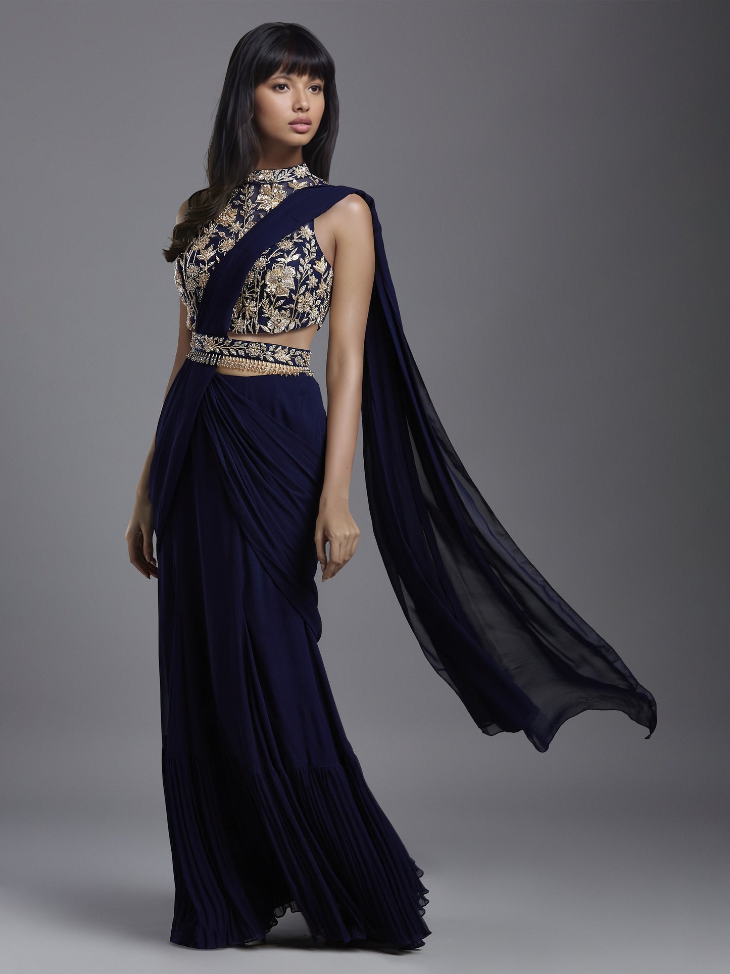 Navy Net Creeper Embroidered Blouse and Georgette Draped Saree Set with Belt