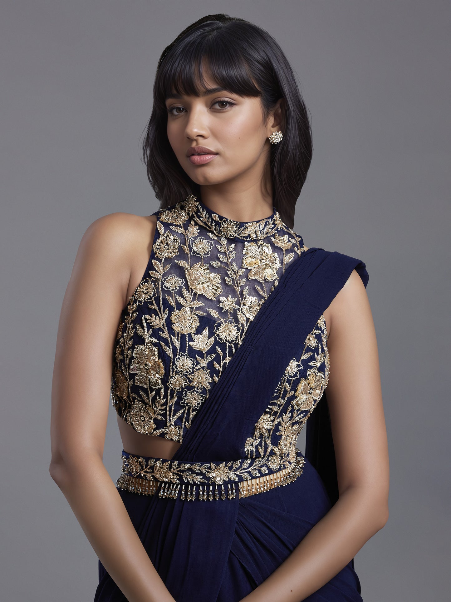 Navy Net Creeper Embroidered Blouse and Georgette Draped Saree Set with Belt