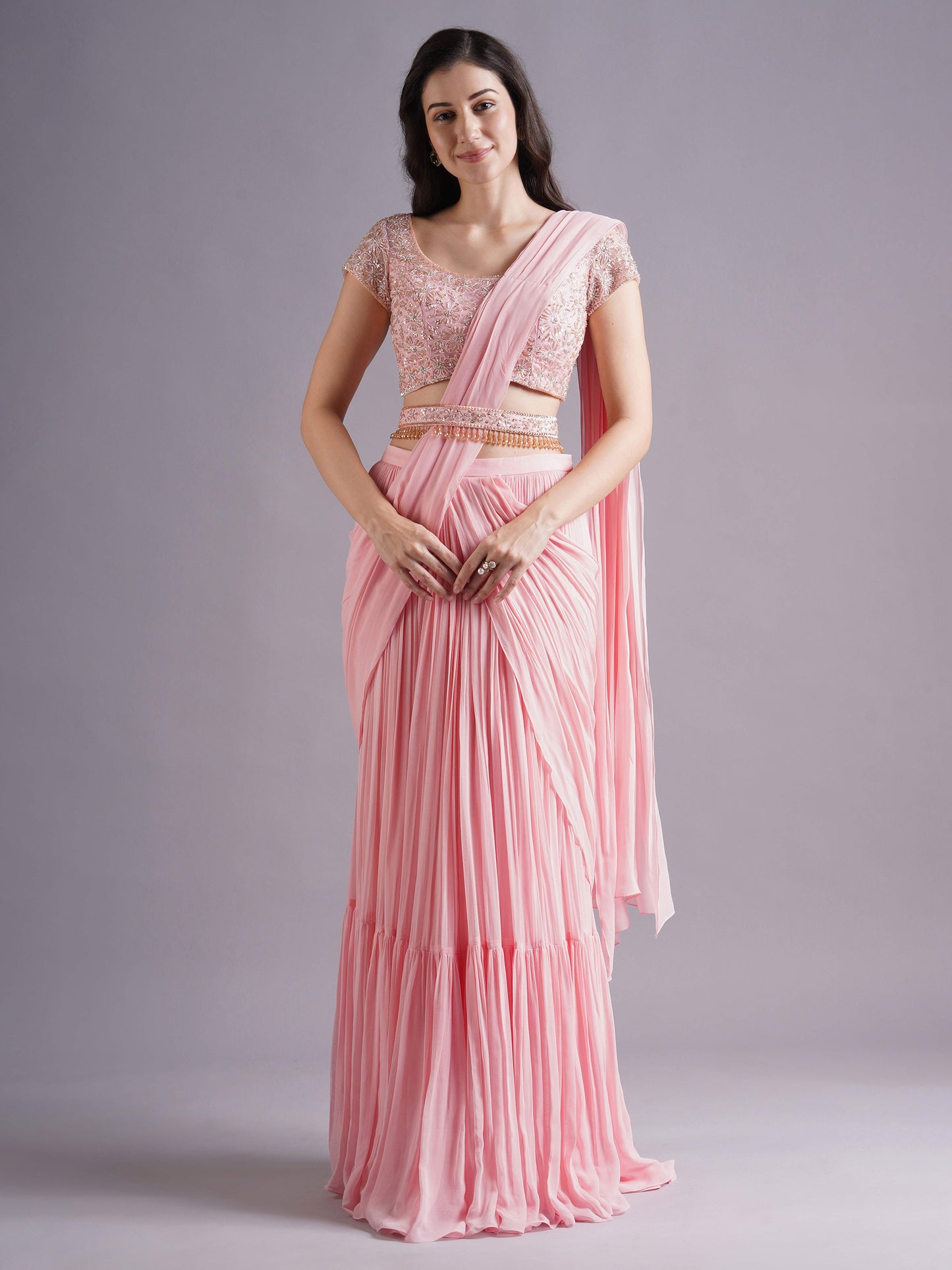 Pink Net Holo Big Floral Blouse with Draped Saree and Belt