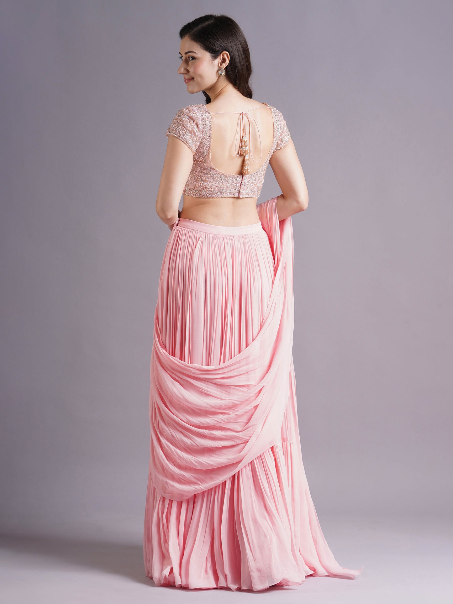 Pink Net Holo Big Floral Blouse with Draped Saree and Belt