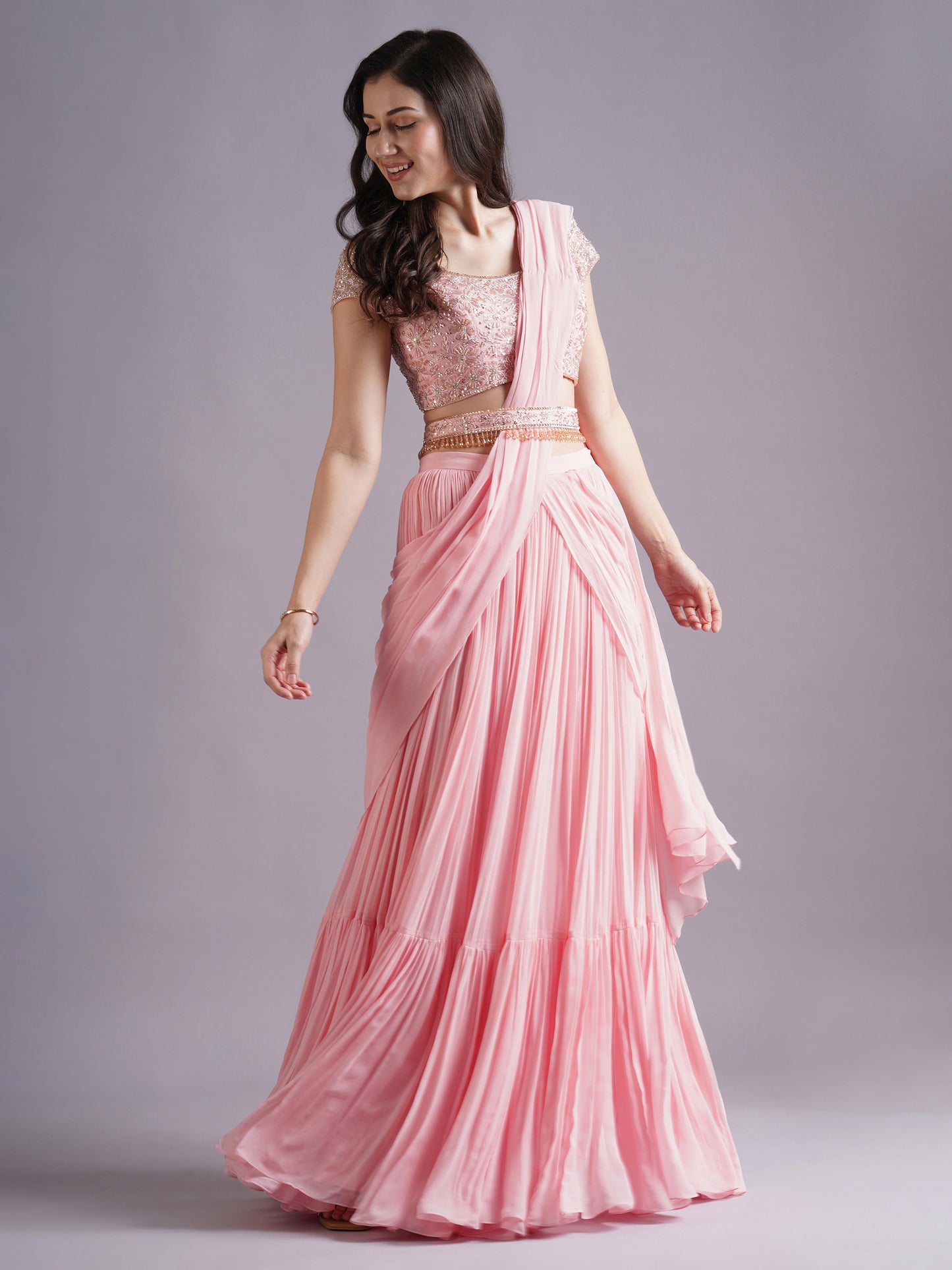 Pink Net Holo Big Floral Blouse with Draped Saree and Belt