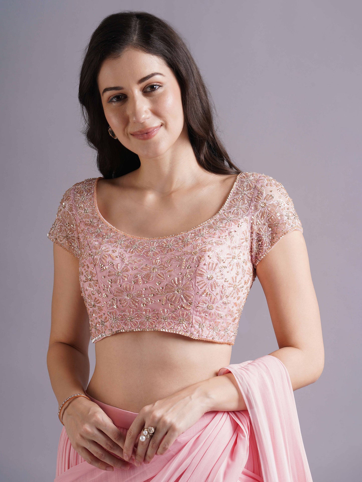Pink Net Holo Big Floral Blouse with Draped Saree and Belt