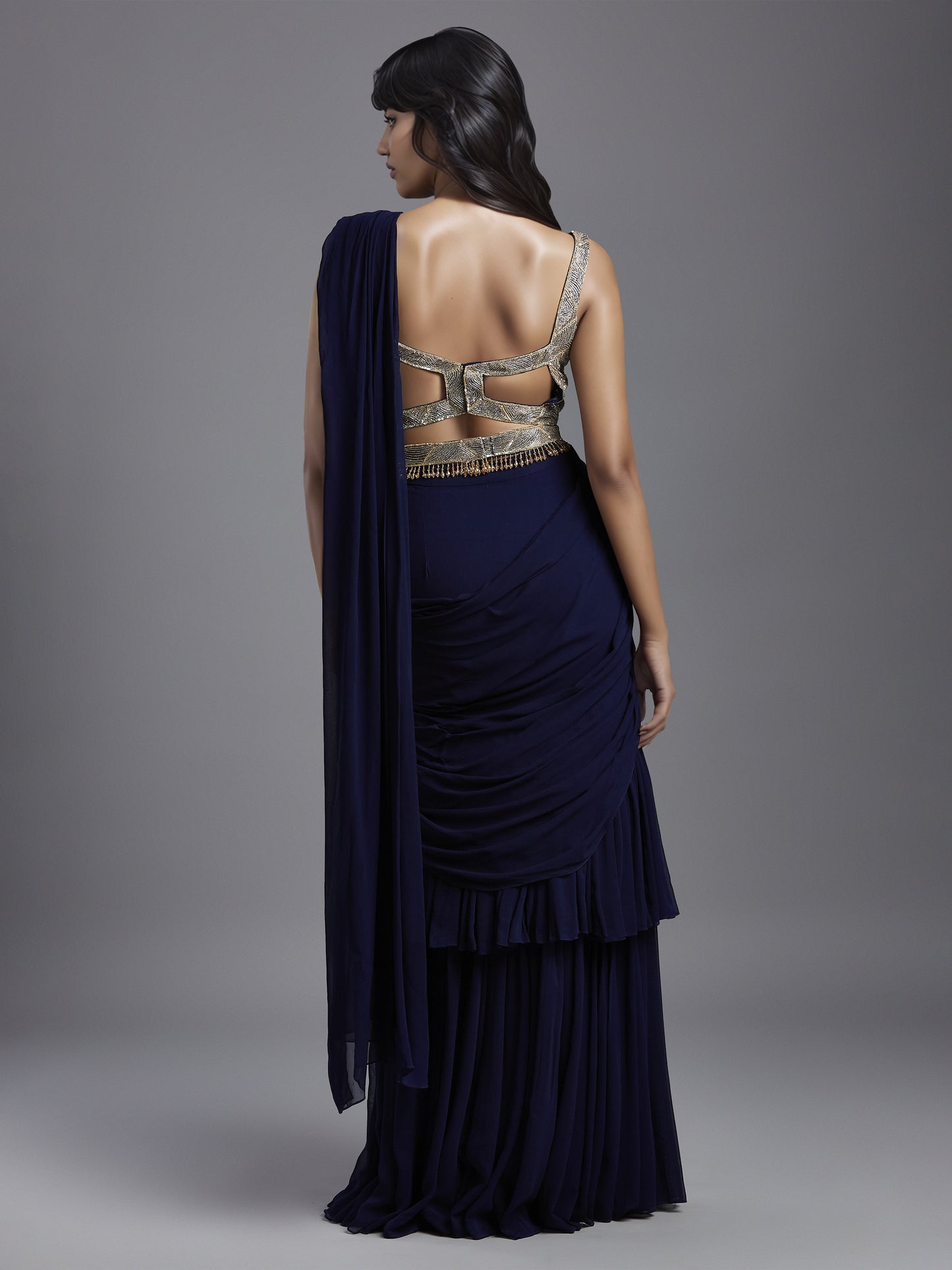 Navy Net Abstract Line Embroidered Blouse with Double Layered Gathered Draped Saree and Belt