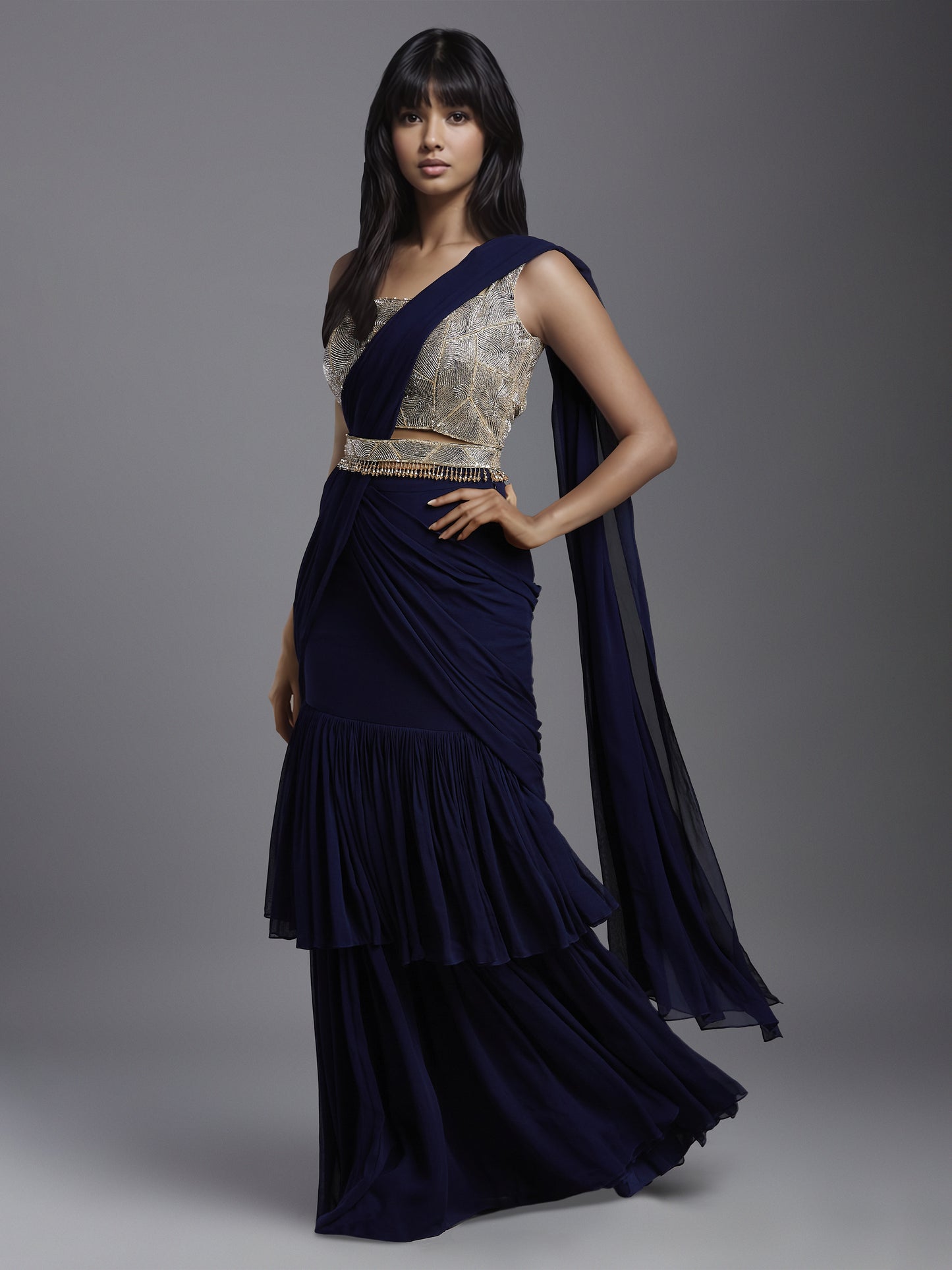 Navy Net Abstract Line Embroidered Blouse with Double Layered Gathered Draped Saree and Belt