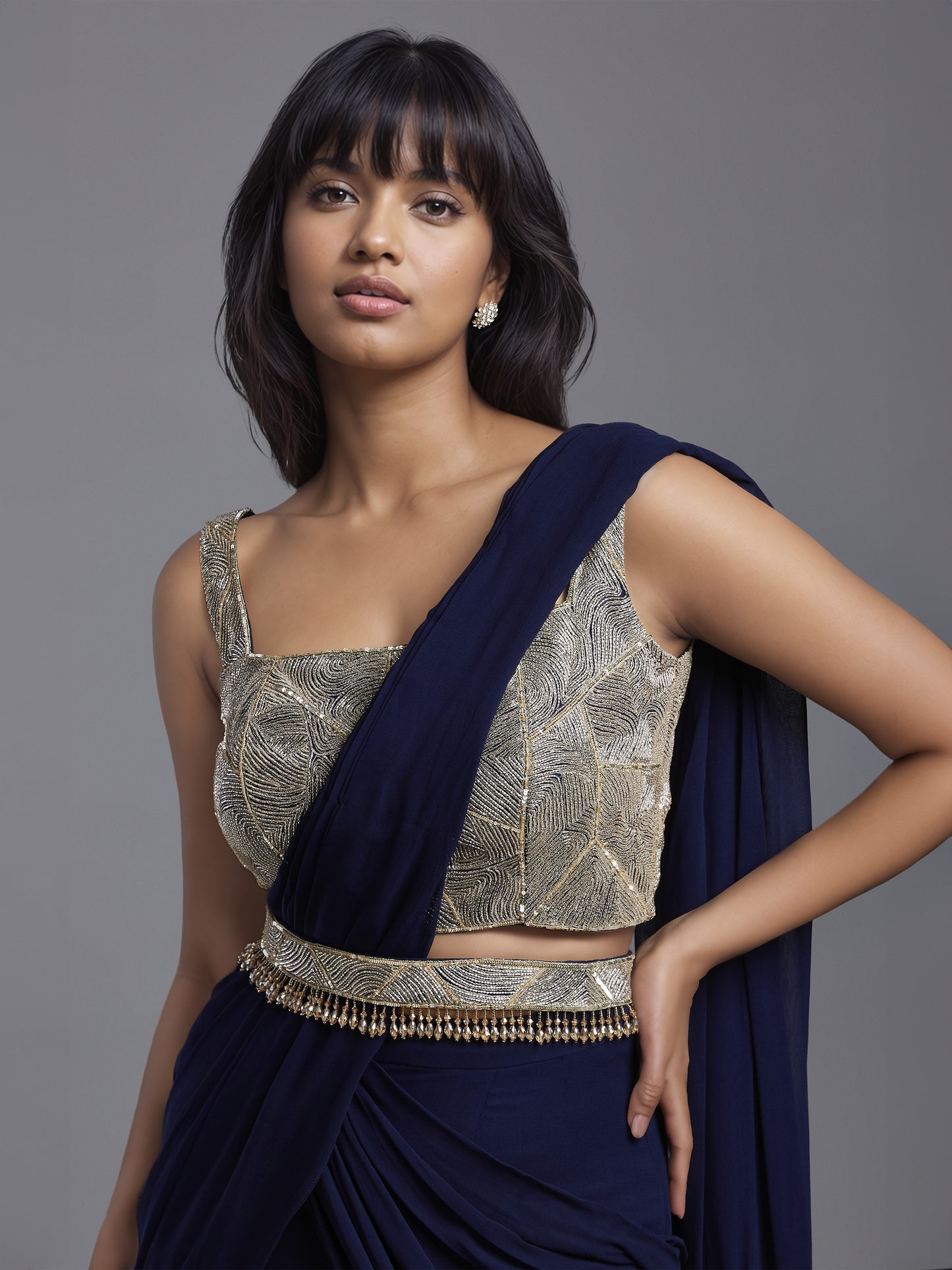 Navy Net Abstract Line Embroidered Blouse with Double Layered Gathered Draped Saree and Belt
