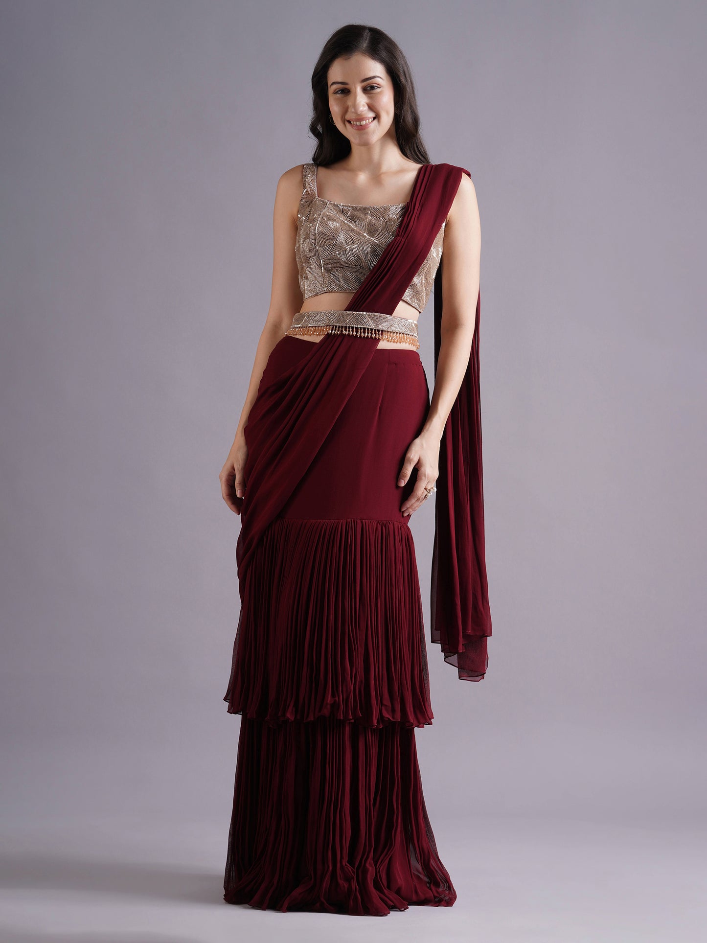 Maroon Net Abstract Line Blouse with Double Layered Draped Saree and Belt