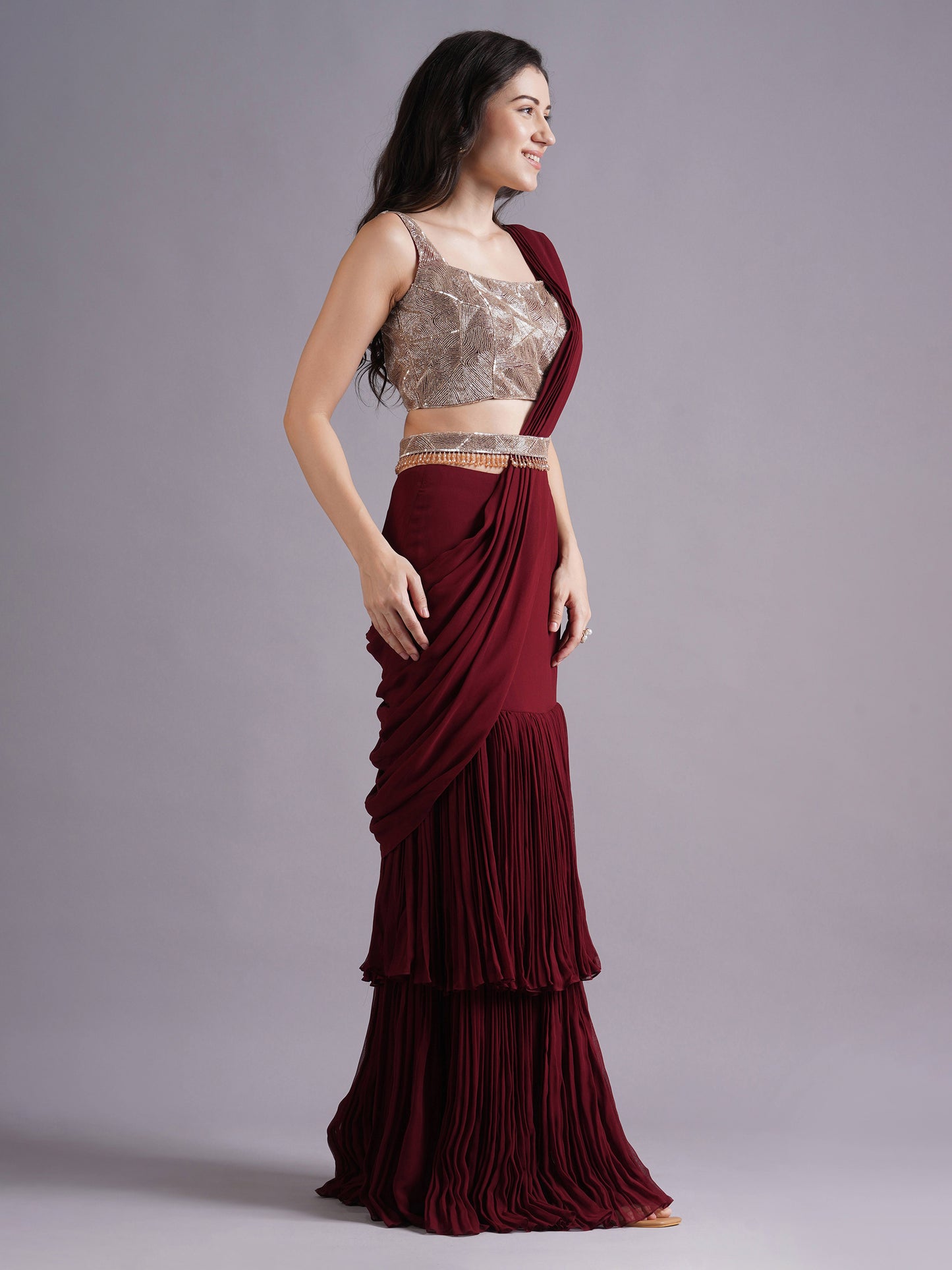 Maroon Net Abstract Line Blouse with Double Layered Draped Saree and Belt