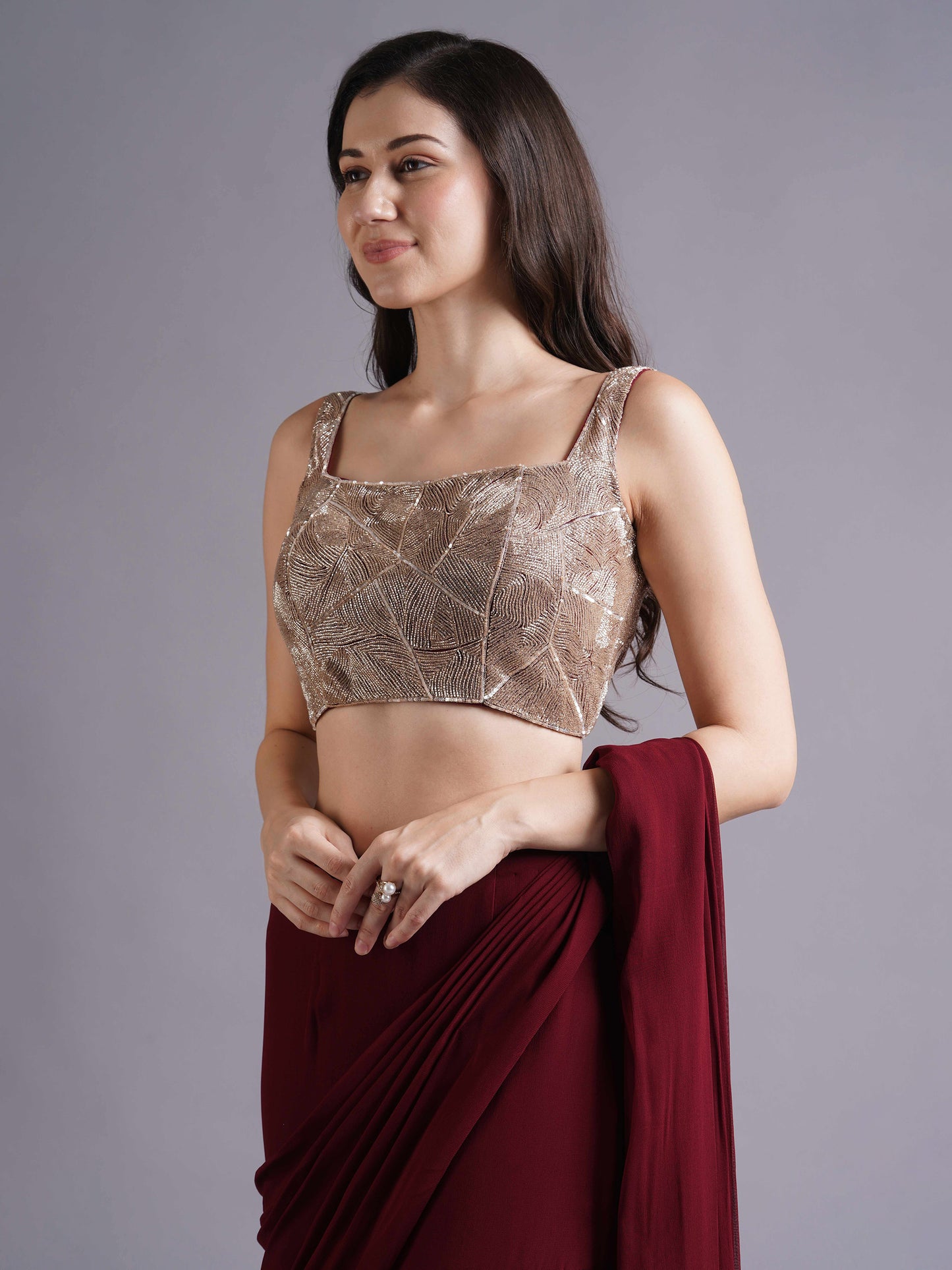Maroon Net Abstract Line Blouse with Double Layered Draped Saree and Belt