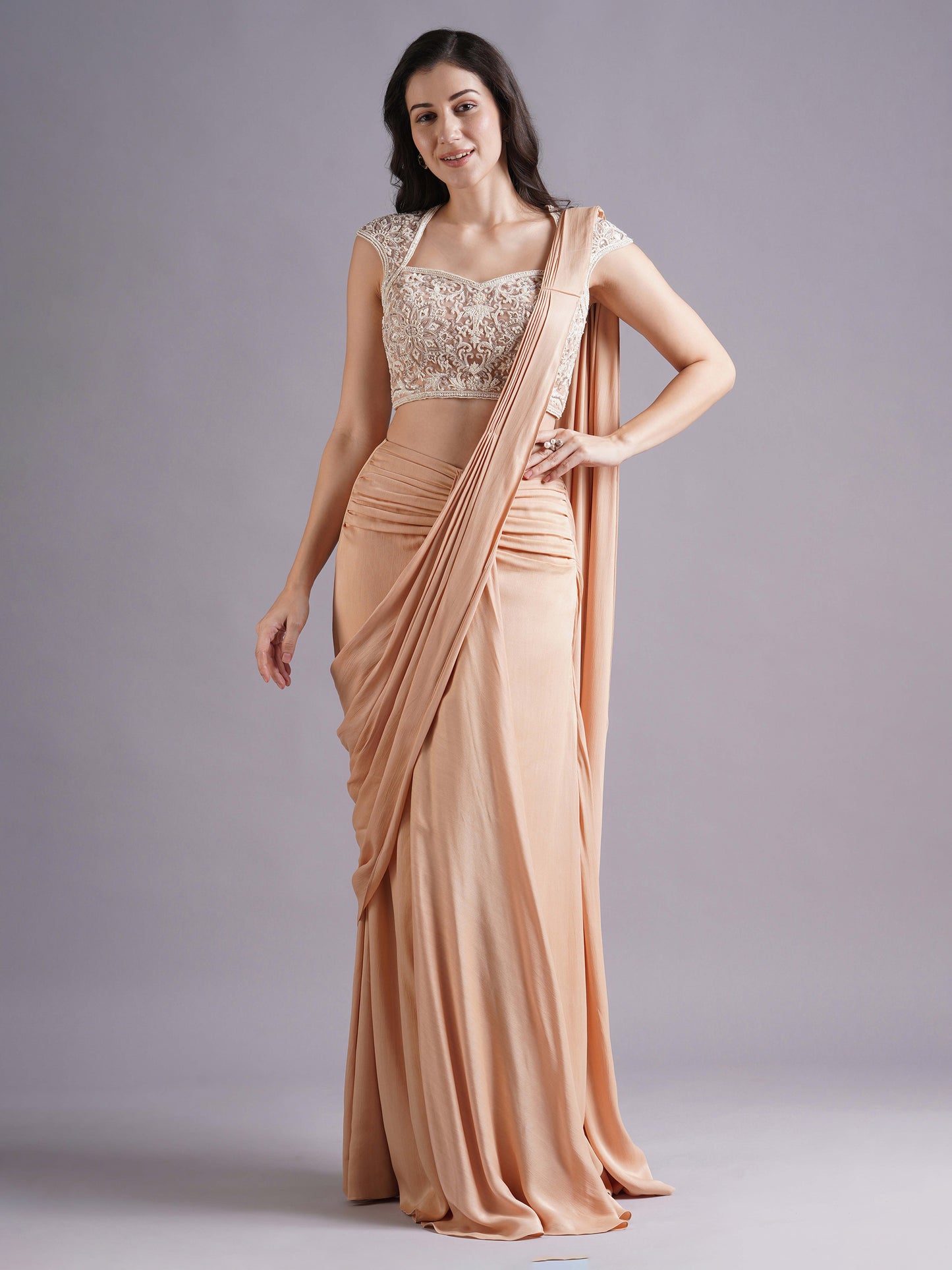 Nude Mandala Blouse with Crepe Satin Ruched Saree