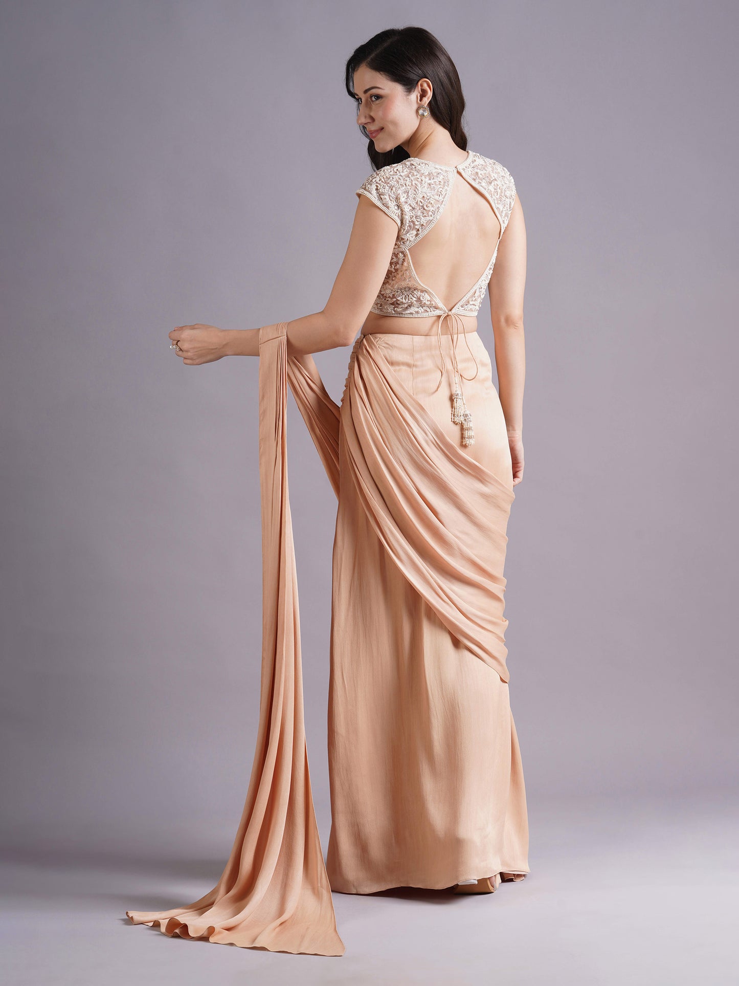 Nude Mandala Blouse with Crepe Satin Ruched Saree