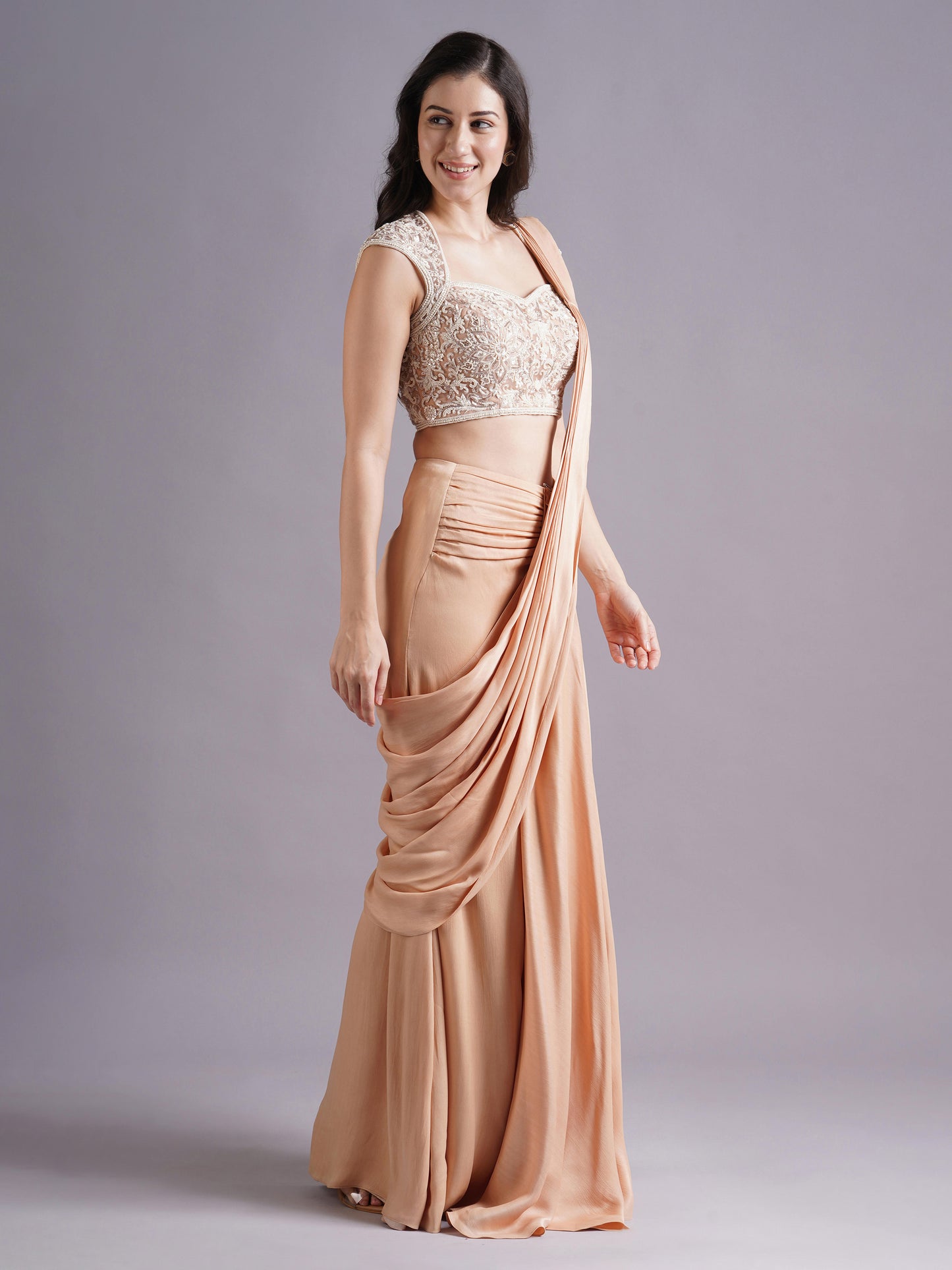 Nude Mandala Blouse with Crepe Satin Ruched Saree
