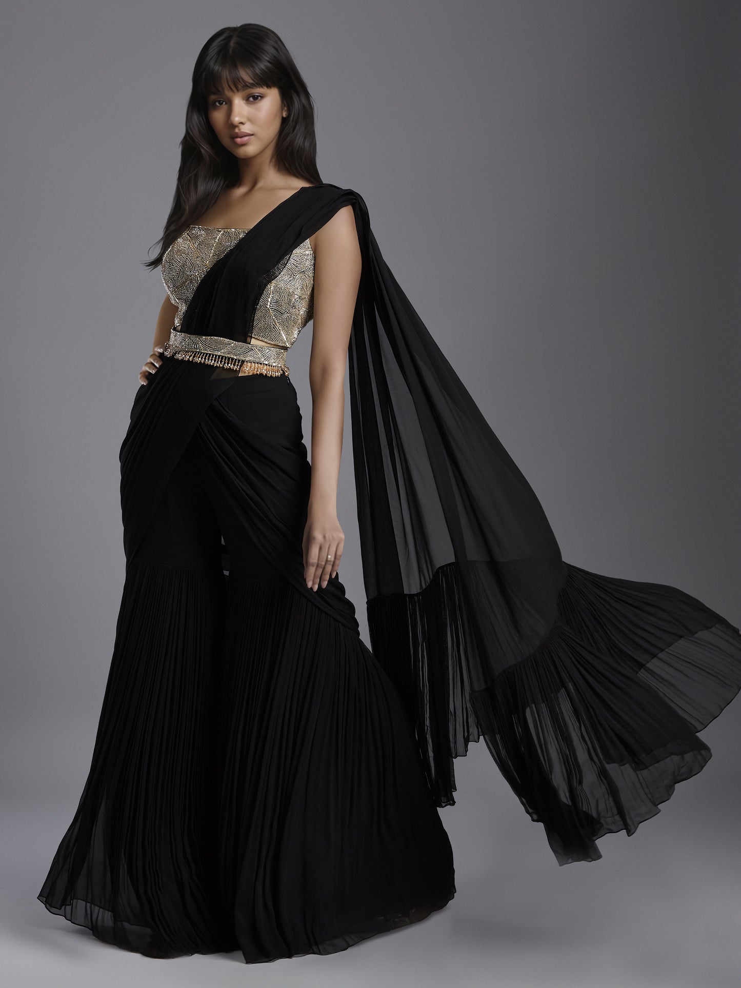 Black Net Abstract Line Embroidered Blouse and Georgette Sharara Draped Saree Set with Belt