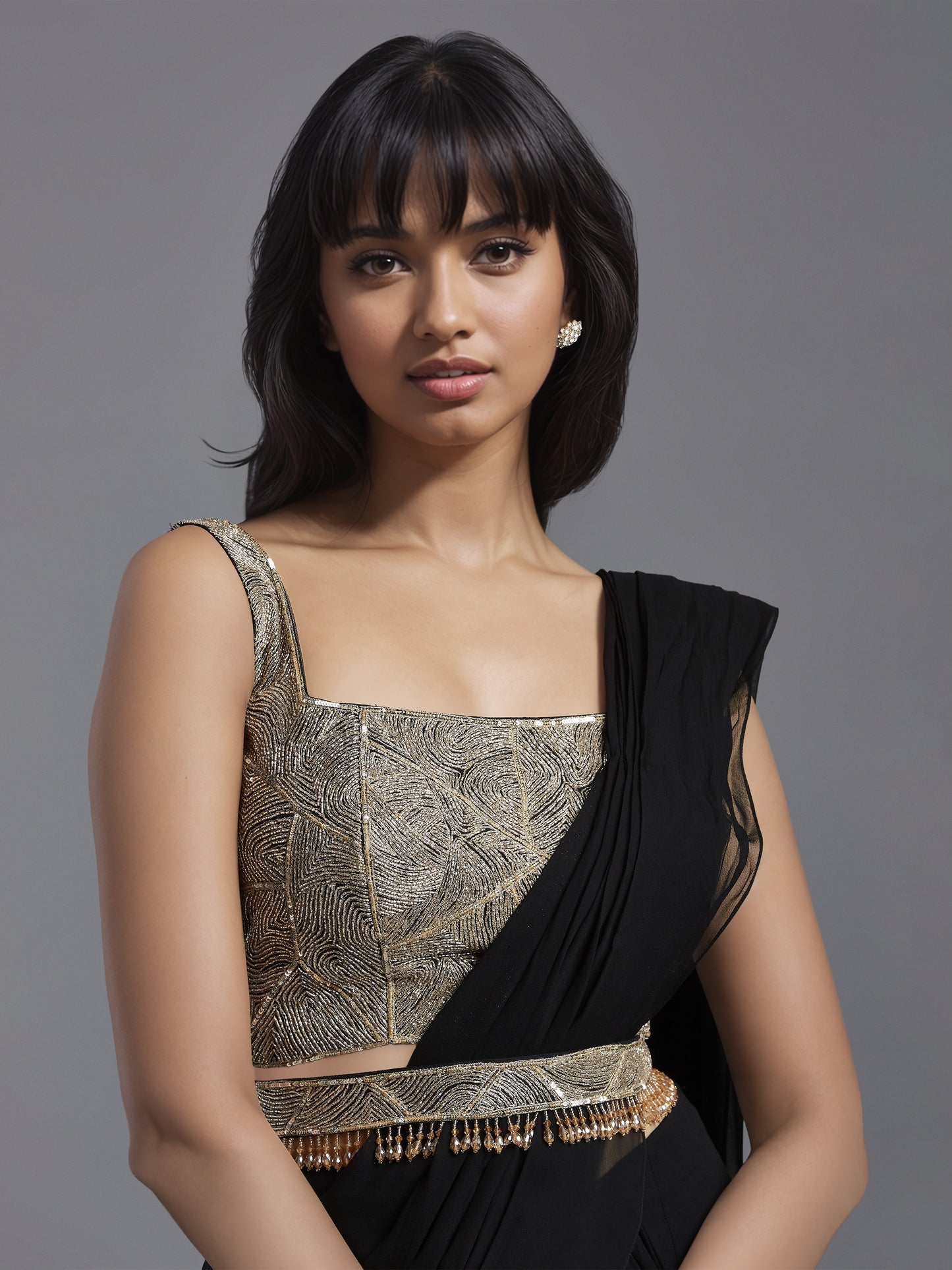 Black Net Abstract Line Embroidered Blouse and Georgette Sharara Draped Saree Set with Belt