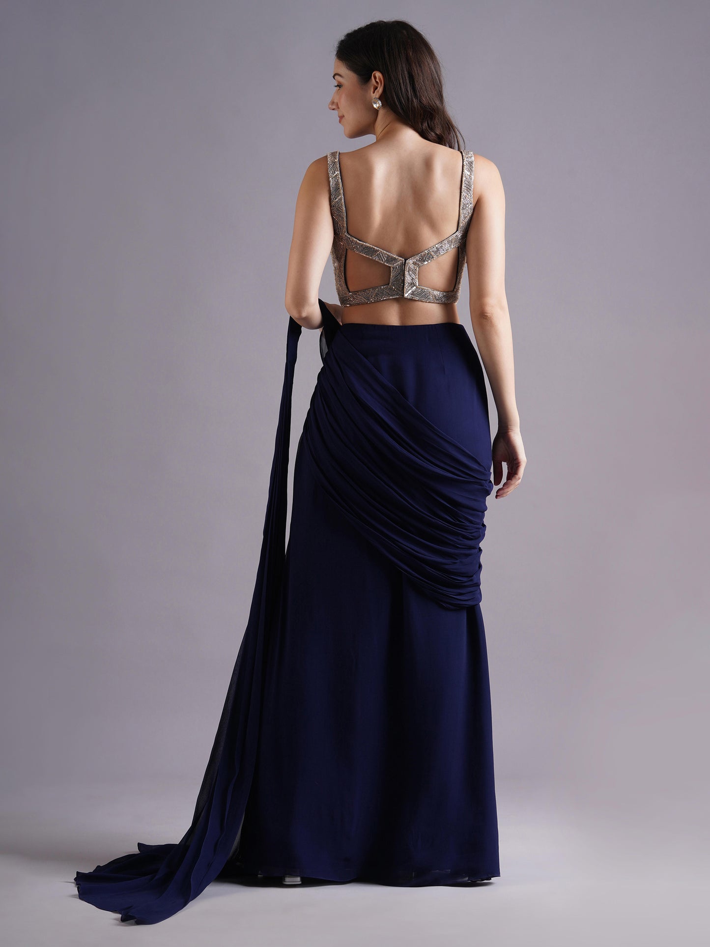 Navy Net Abstract Line Blouse with Hip Ruched Saree and Belt