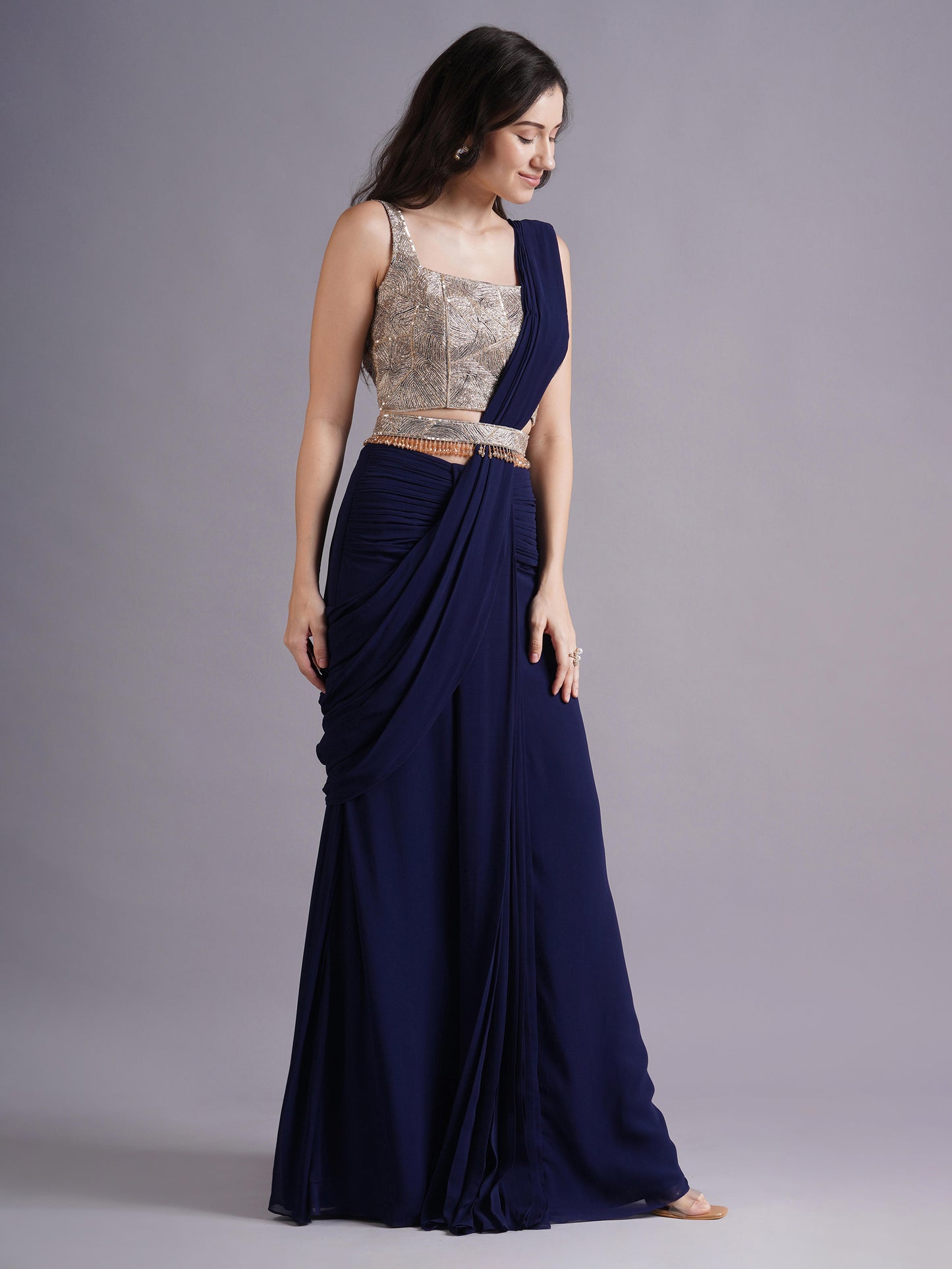 Navy Net Abstract Line Blouse with Hip Ruched Saree and Belt