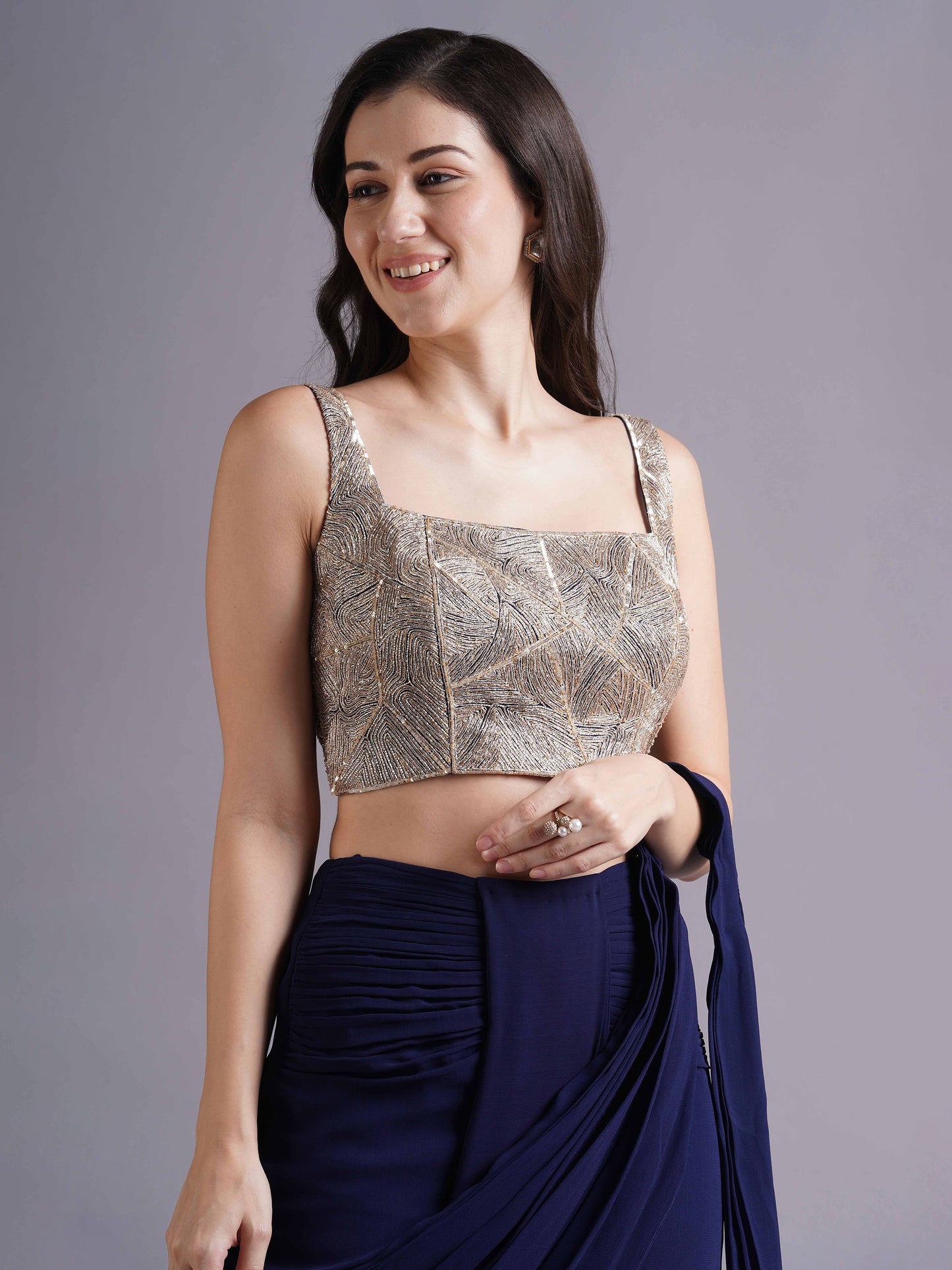 Navy Net Abstract Line Blouse with Hip Ruched Saree and Belt