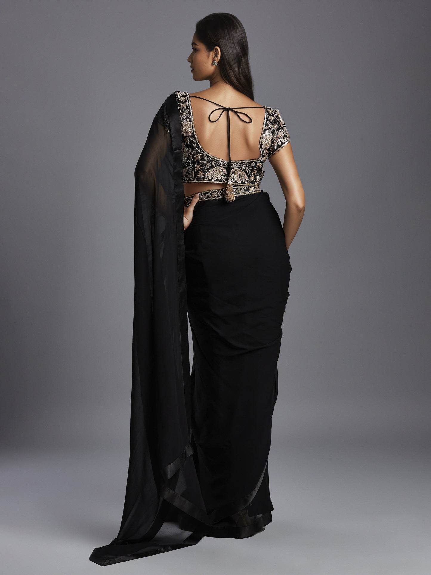 Black Georgette Pre Stitched Saree with Crepe Satin Embroidered Blouse and Belt