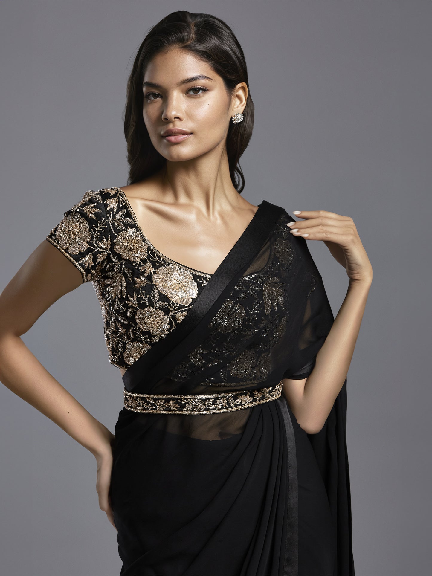 Black Georgette Pre Stitched Saree with Crepe Satin Embroidered Blouse and Belt
