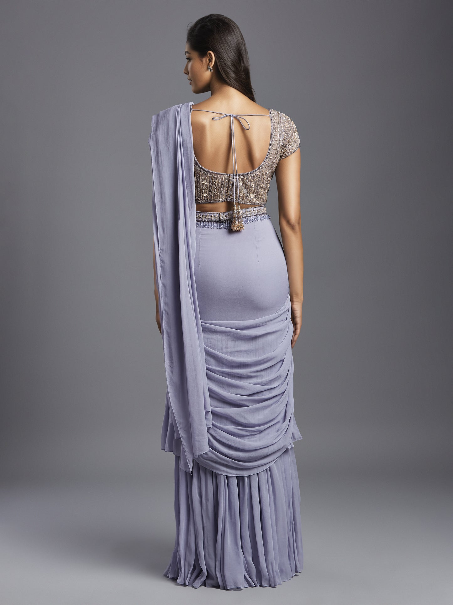 Lilac Georgette Double Layered Gathered Draped Saree with Net Spring Palace Blouse and Belt