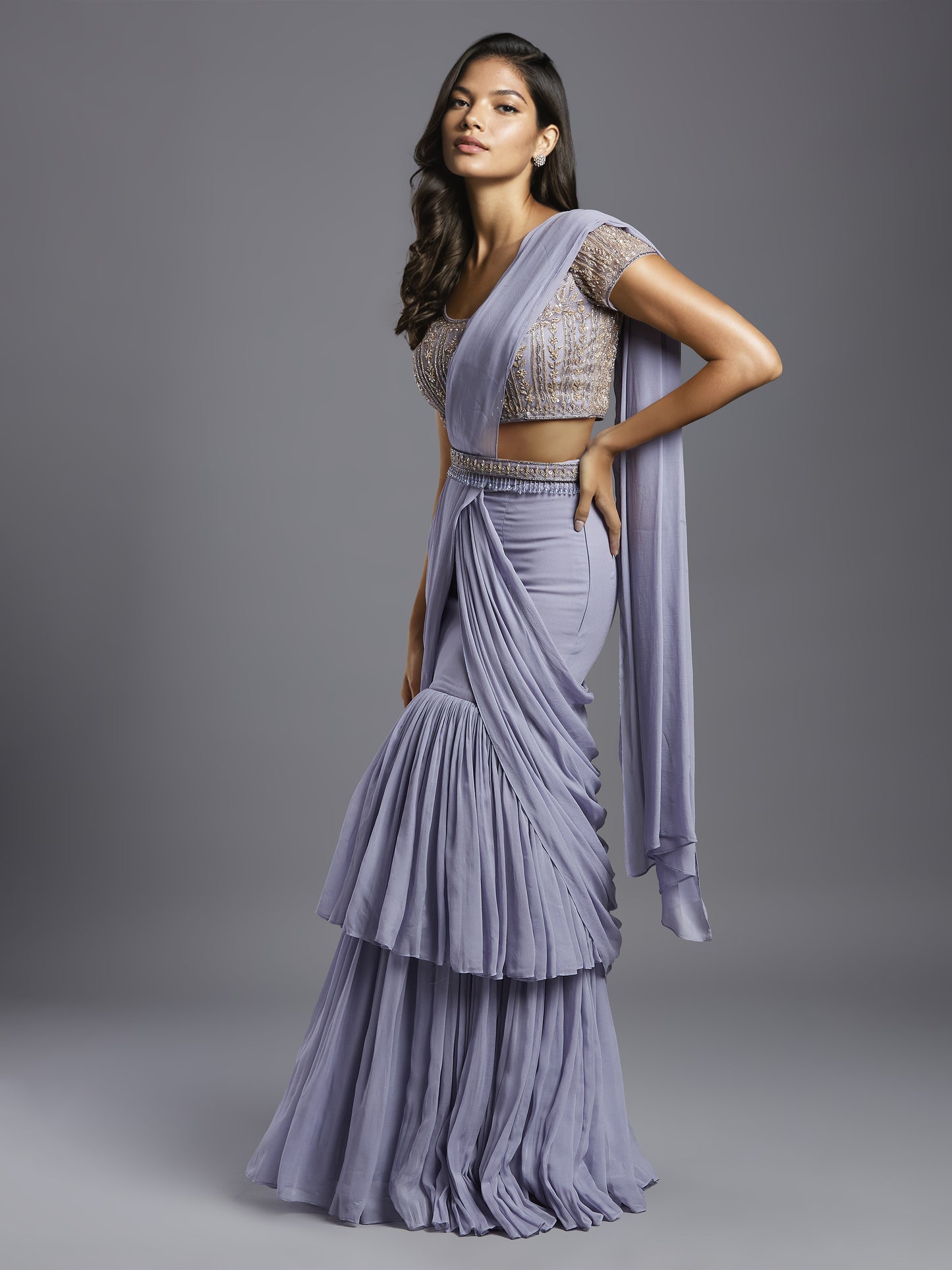 Lilac Georgette Double Layered Gathered Draped Saree with Net Spring Palace Blouse and Belt