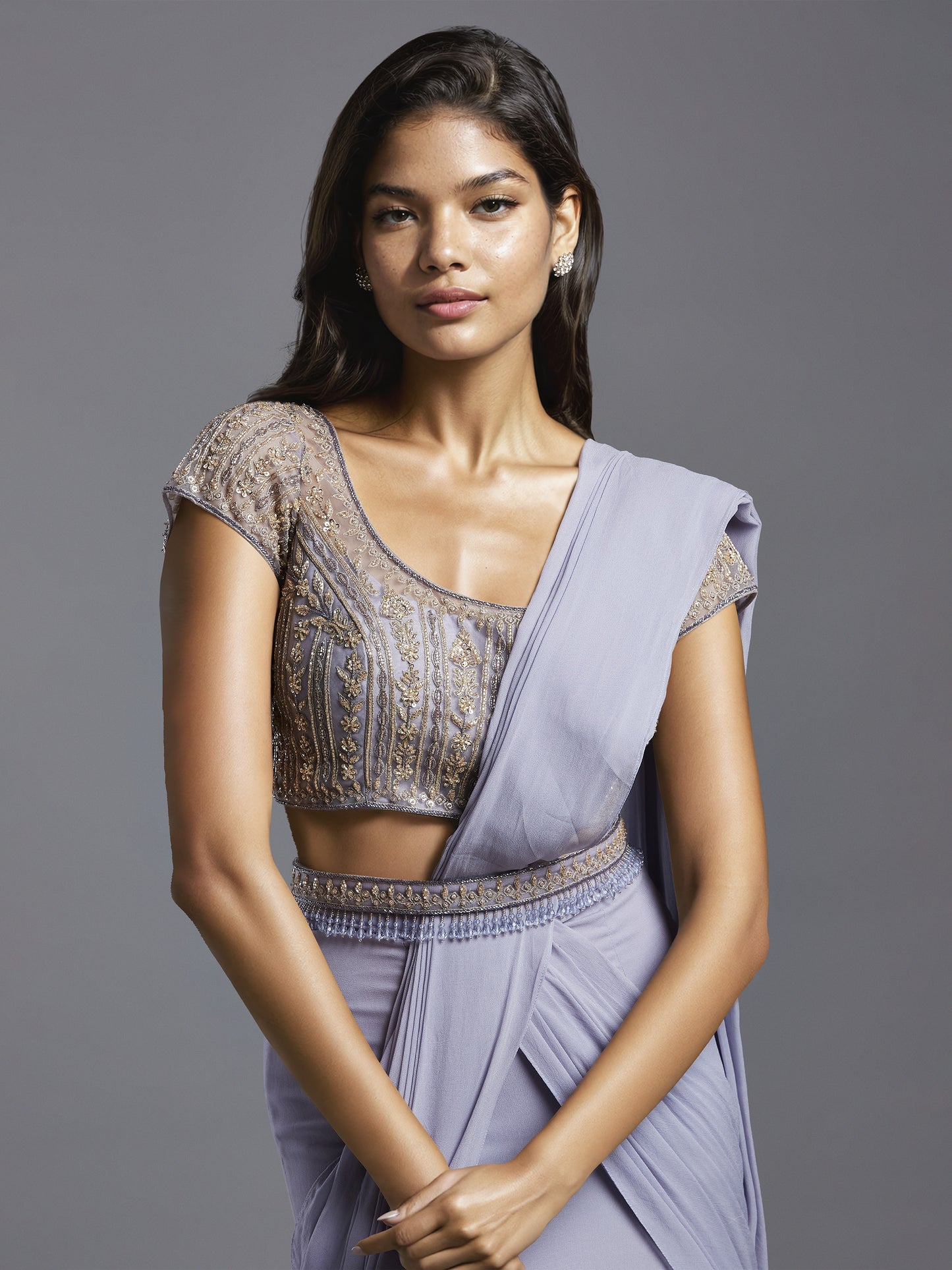 Lilac Georgette Double Layered Gathered Draped Saree with Net Spring Palace Blouse and Belt