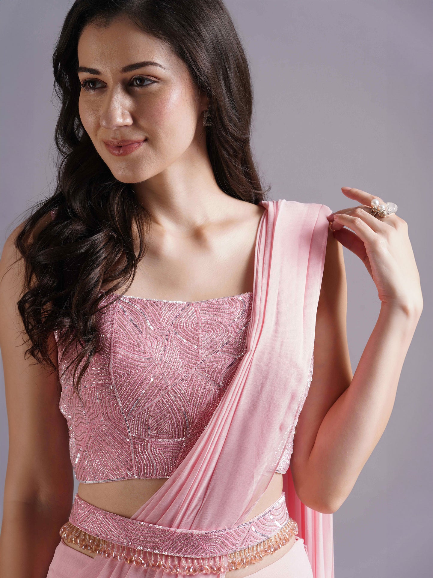 Pink Net Abstract Line Emb Blouse with Tiered Draped Saree and Belt