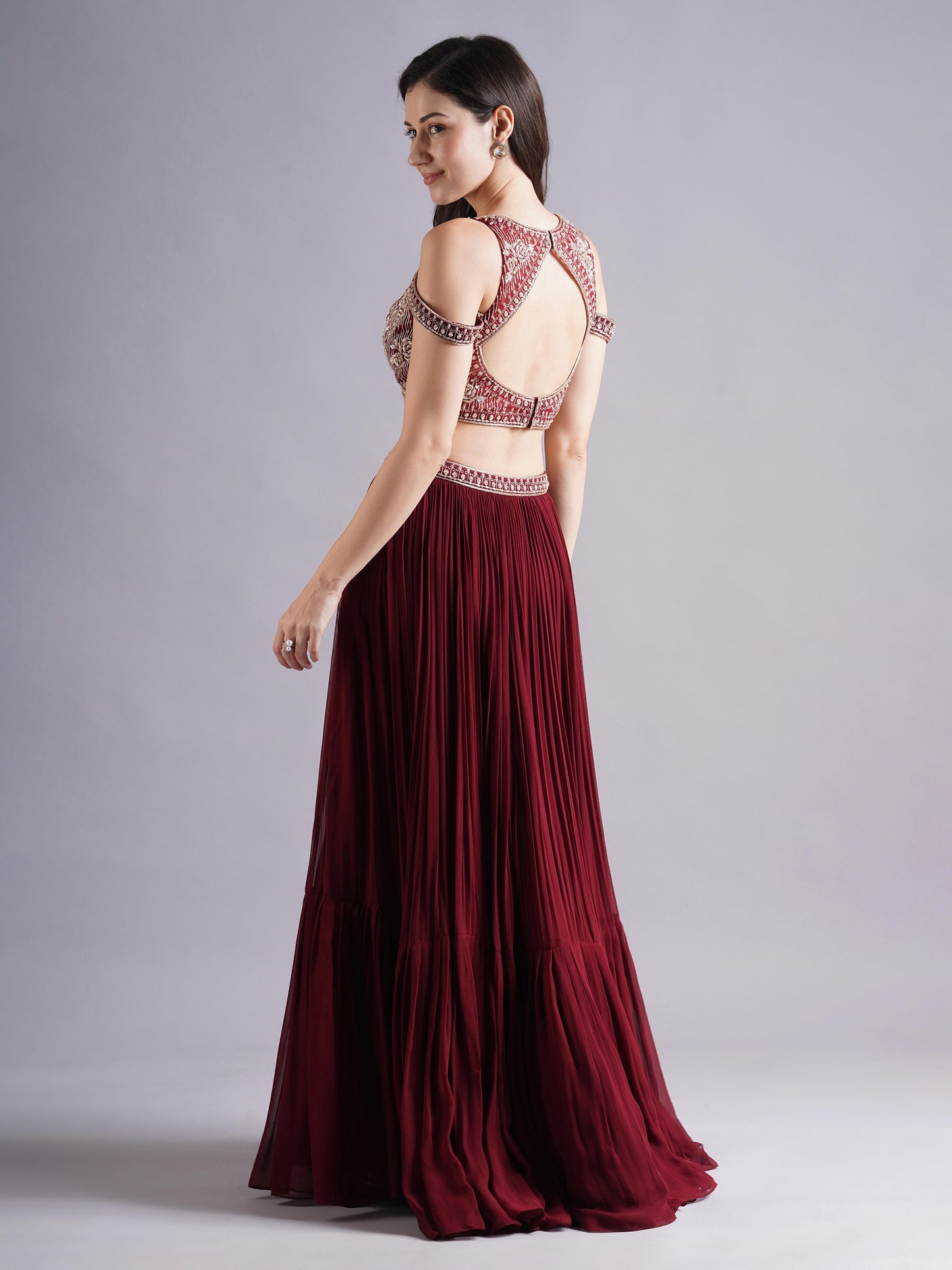 Maroon Net Cold Shoulder Rose Emb Blouse with Gathered Skirt and Choker