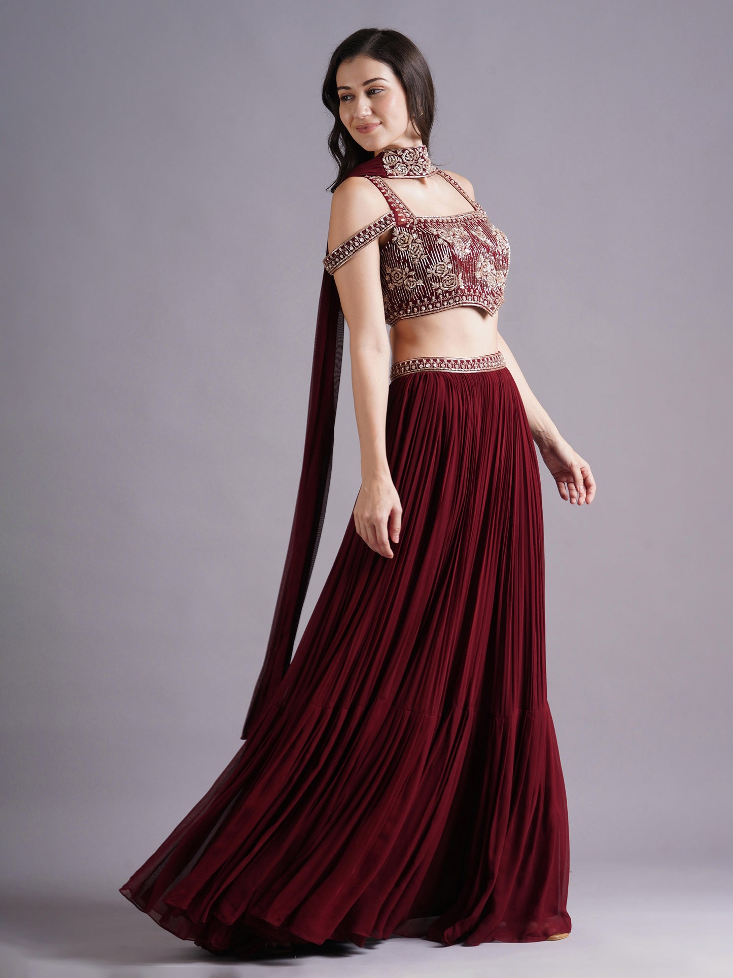 Maroon Net Cold Shoulder Rose Emb Blouse with Gathered Skirt and Choker