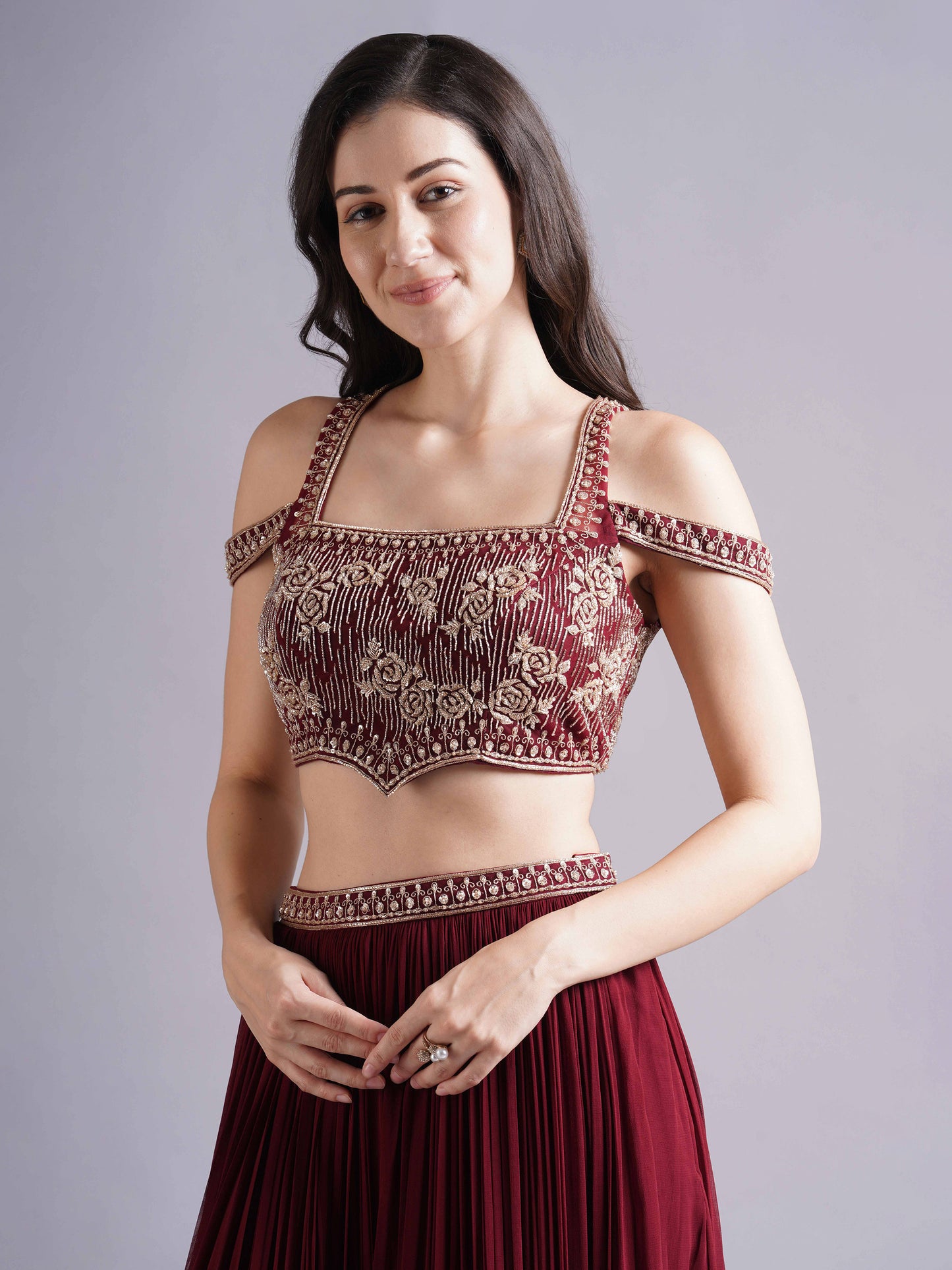 Maroon Net Cold Shoulder Rose Emb Blouse with Gathered Skirt and Choker