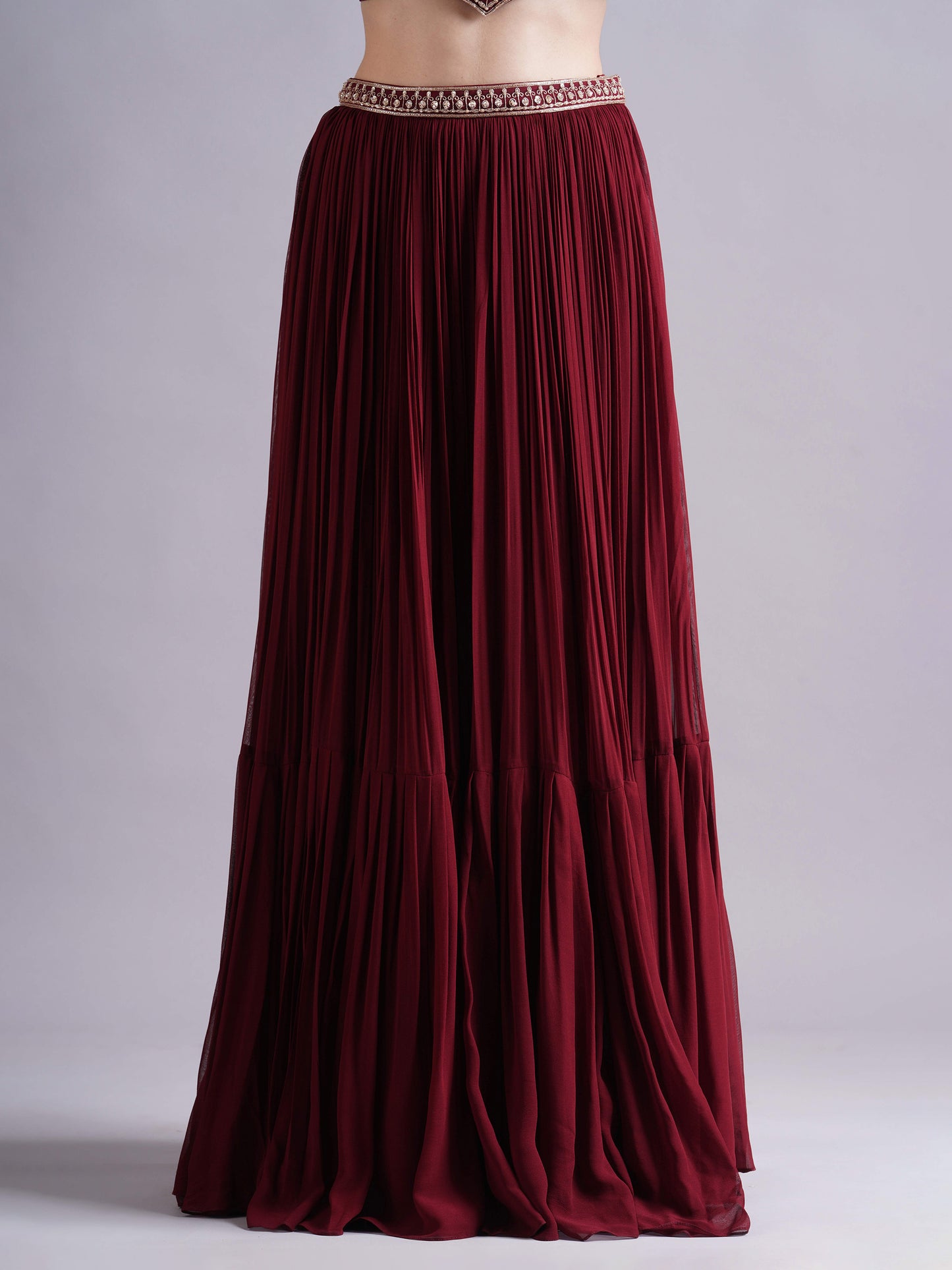 Maroon Net Cold Shoulder Rose Emb Blouse with Gathered Skirt and Choker