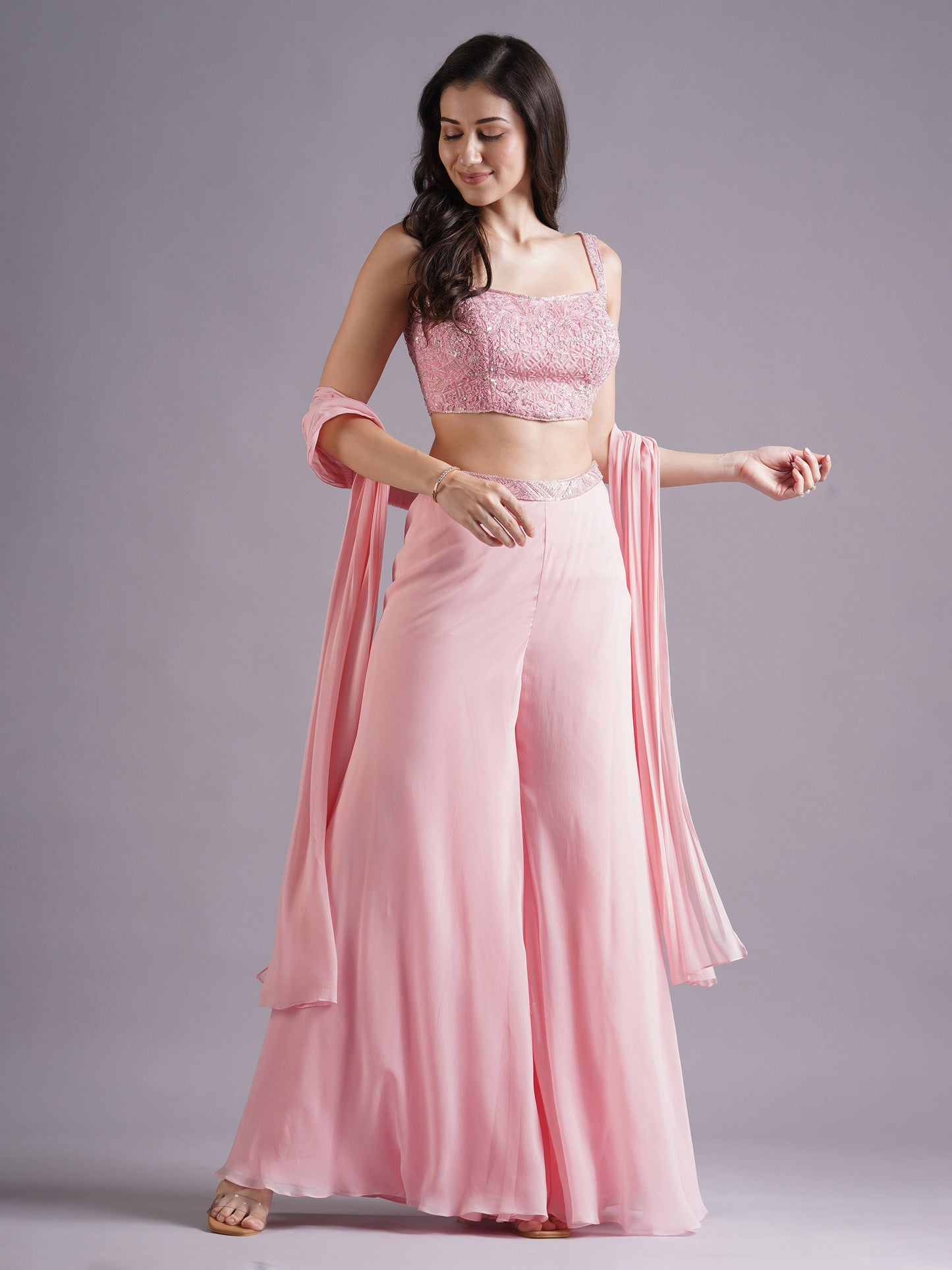 Pink Net Round Armhole Blouse with Sharara Pants and Choker