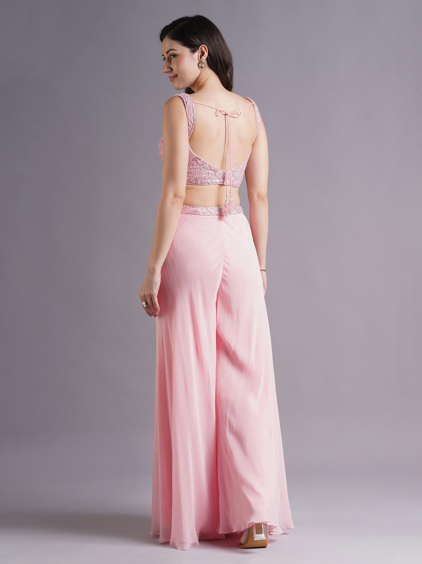 Pink Net Round Armhole Blouse with Sharara Pants and Choker