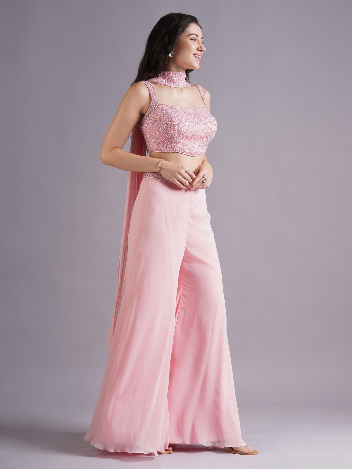 Pink Net Round Armhole Blouse with Sharara Pants and Choker
