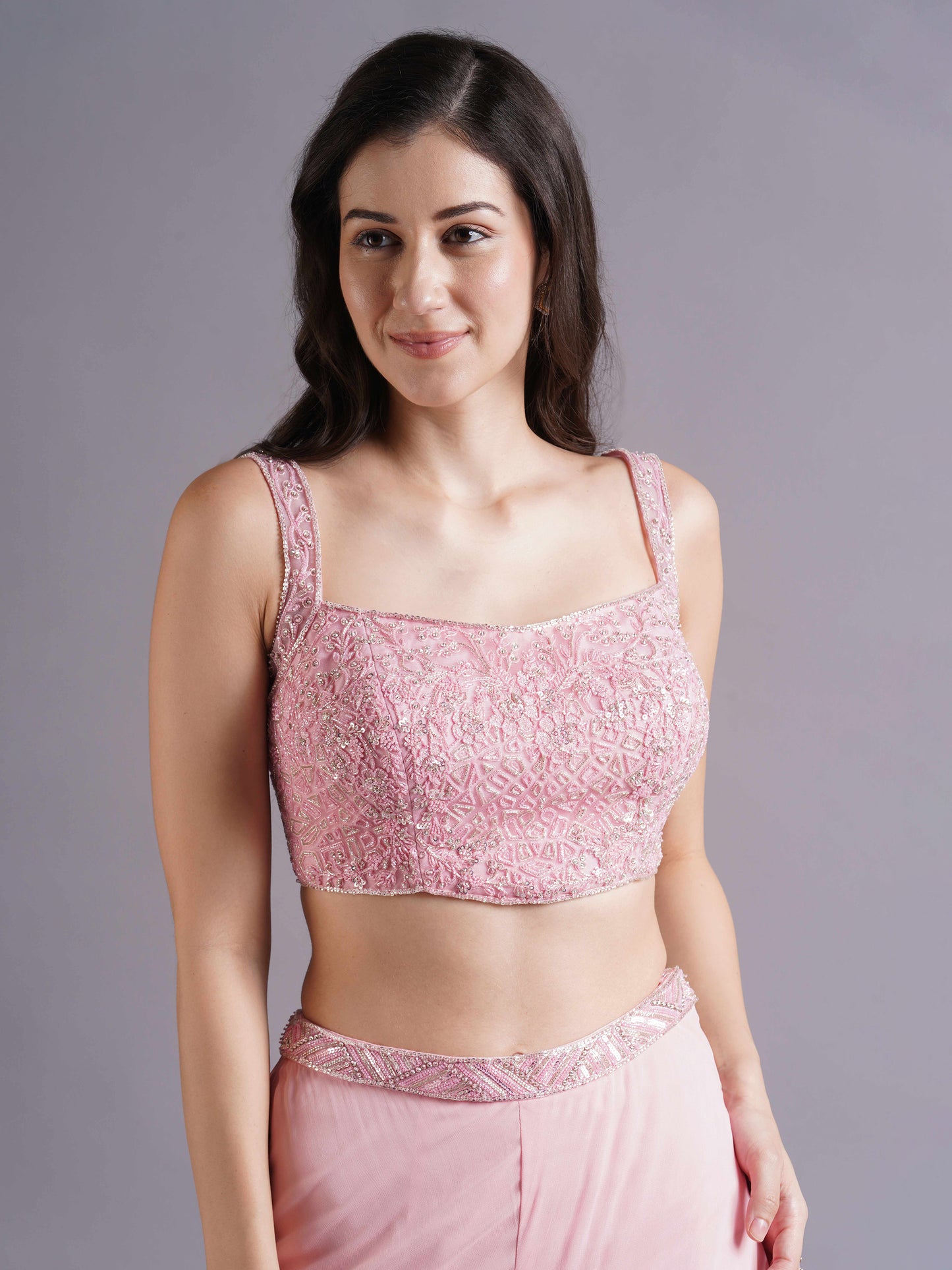 Pink Net Round Armhole Blouse with Sharara Pants and Choker