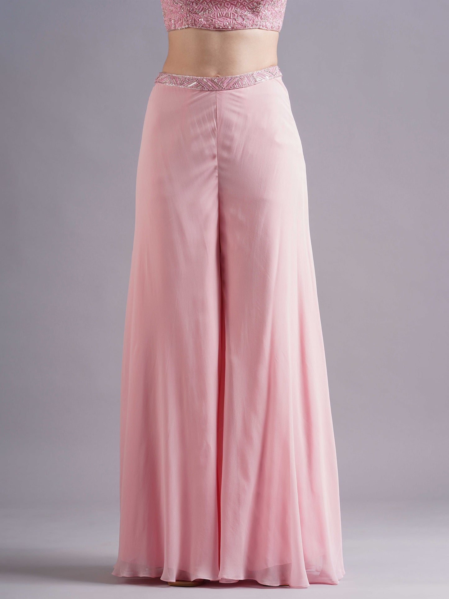 Pink Net Round Armhole Blouse with Sharara Pants and Choker