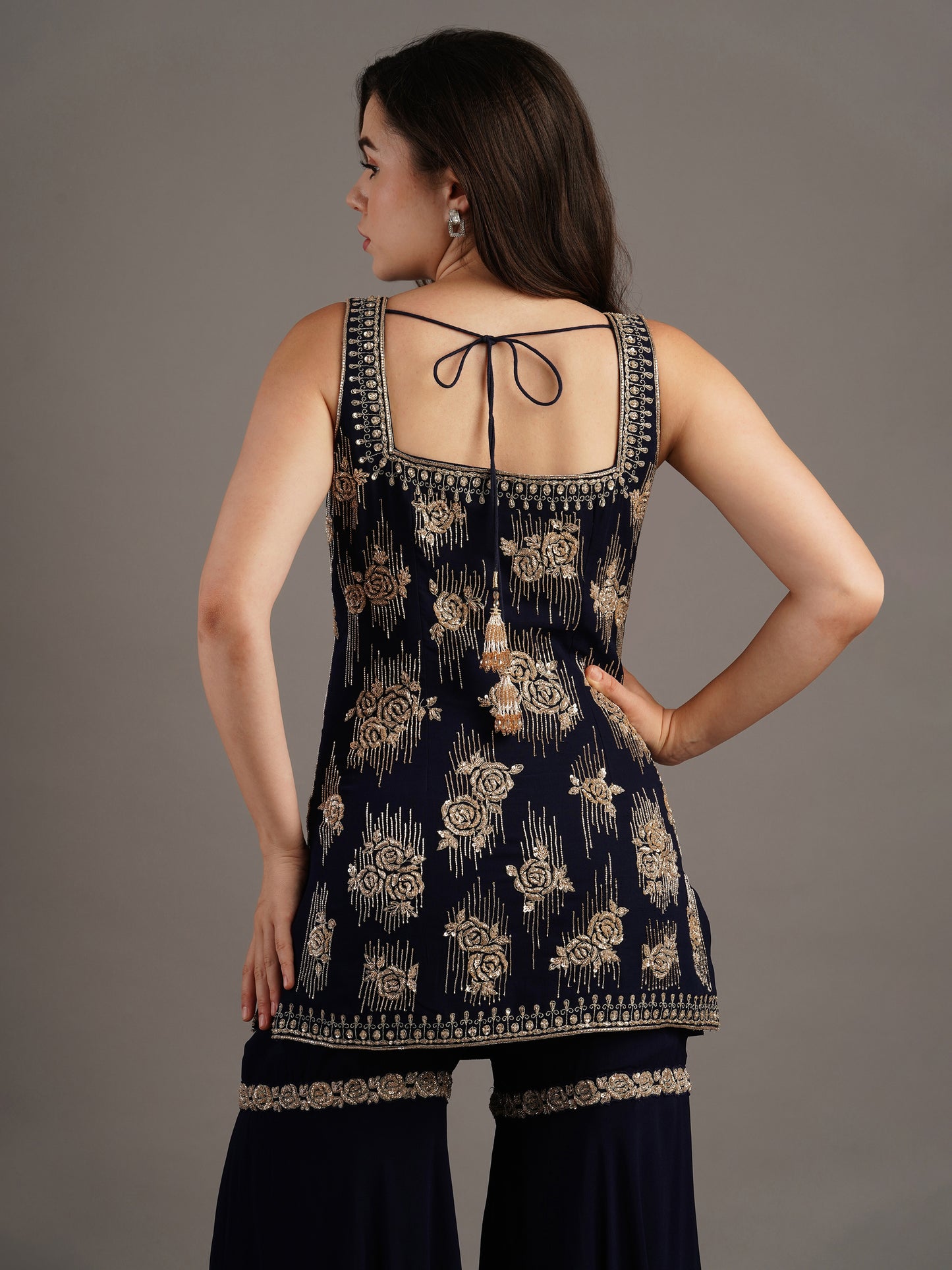 Navy Georgette Rose Embroidered Kurti And Sharara Set With Dupatta