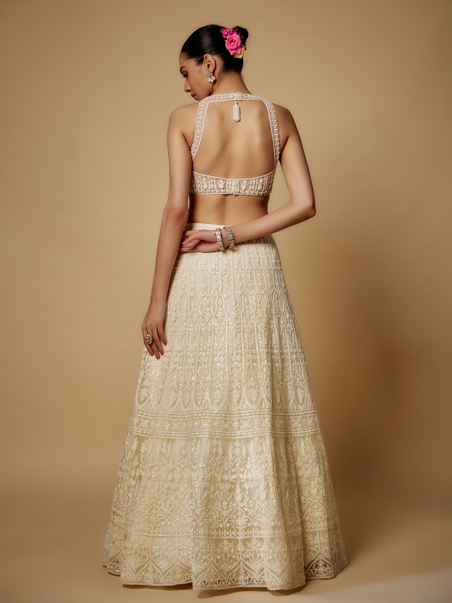 Ivory Net Embroidered Lehenga Set with Embroidered Dupatta