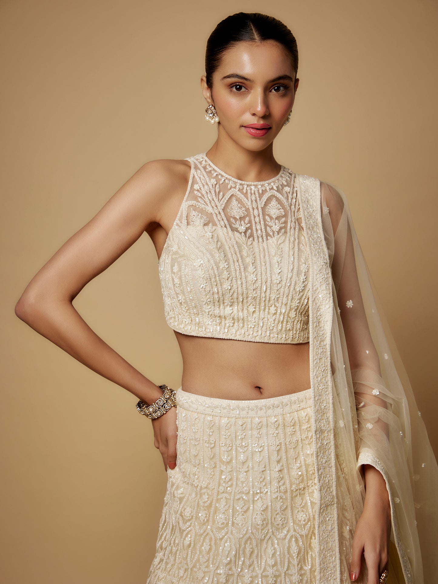 Ivory Net Embroidered Lehenga Set with Embroidered Dupatta