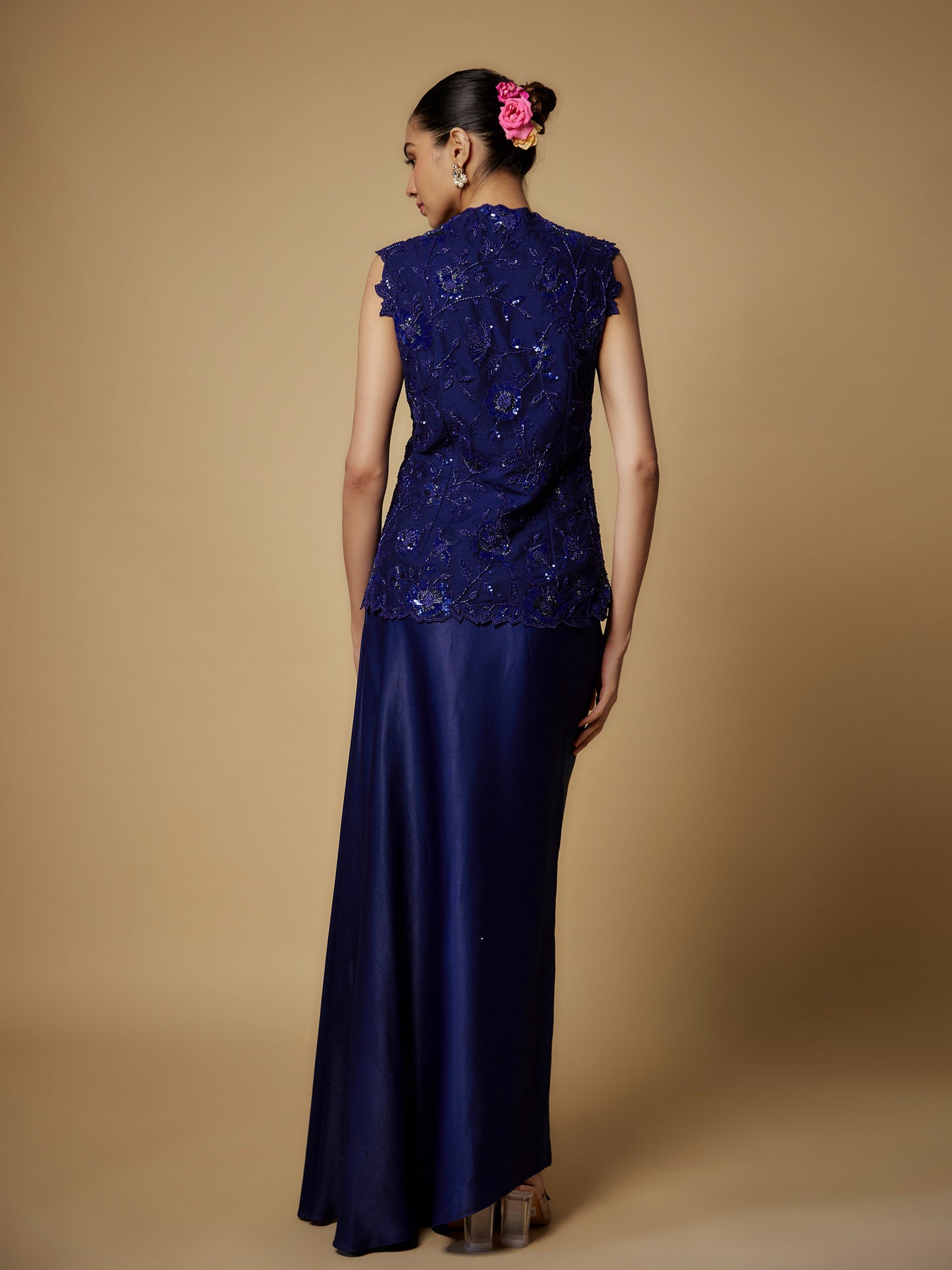 Navy Net Embroidered Jacket with Crepe Satin Draped Skirt