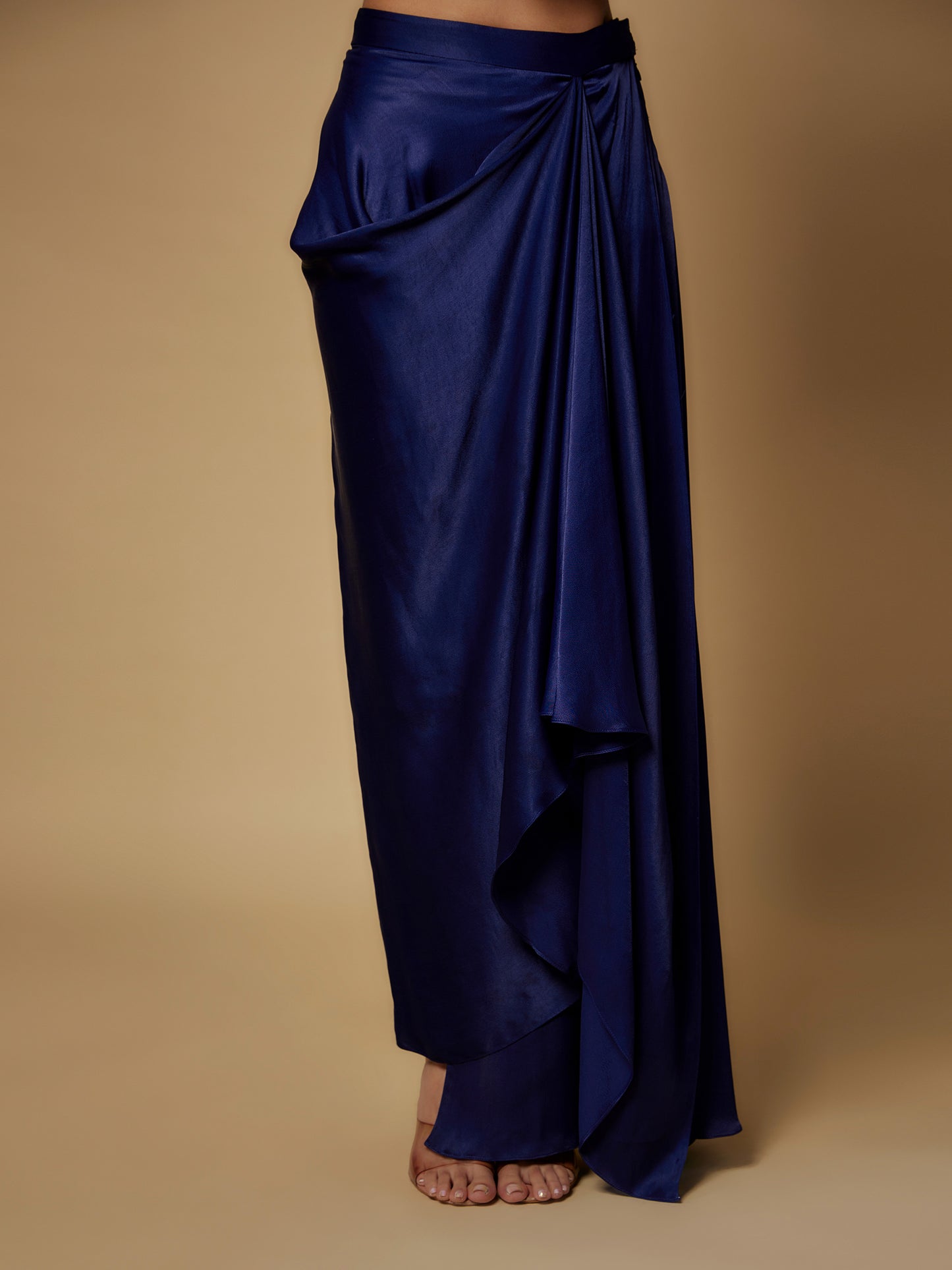 Navy Net Embroidered Jacket with Crepe Satin Draped Skirt