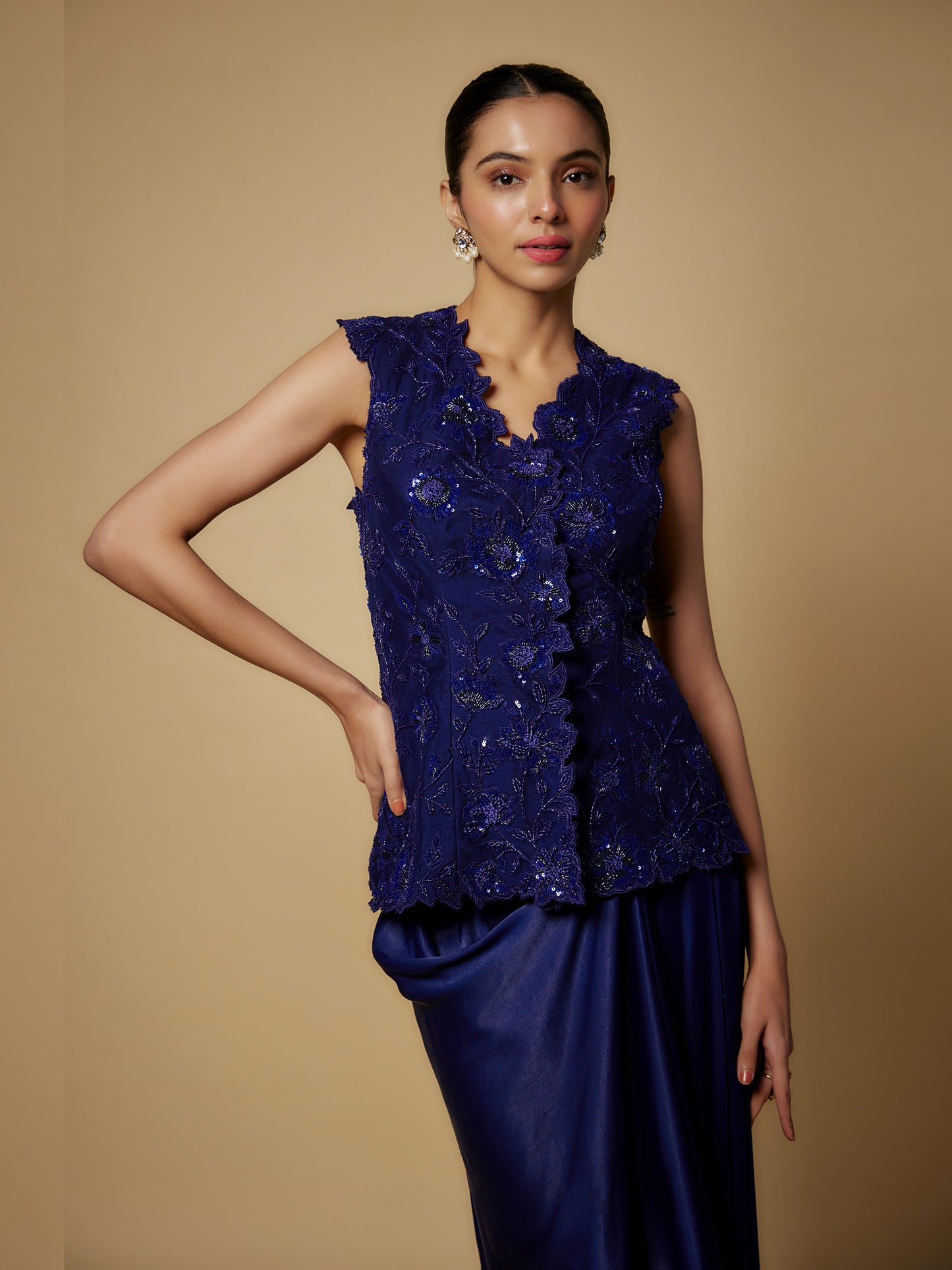 Navy Net Embroidered Jacket with Crepe Satin Draped Skirt