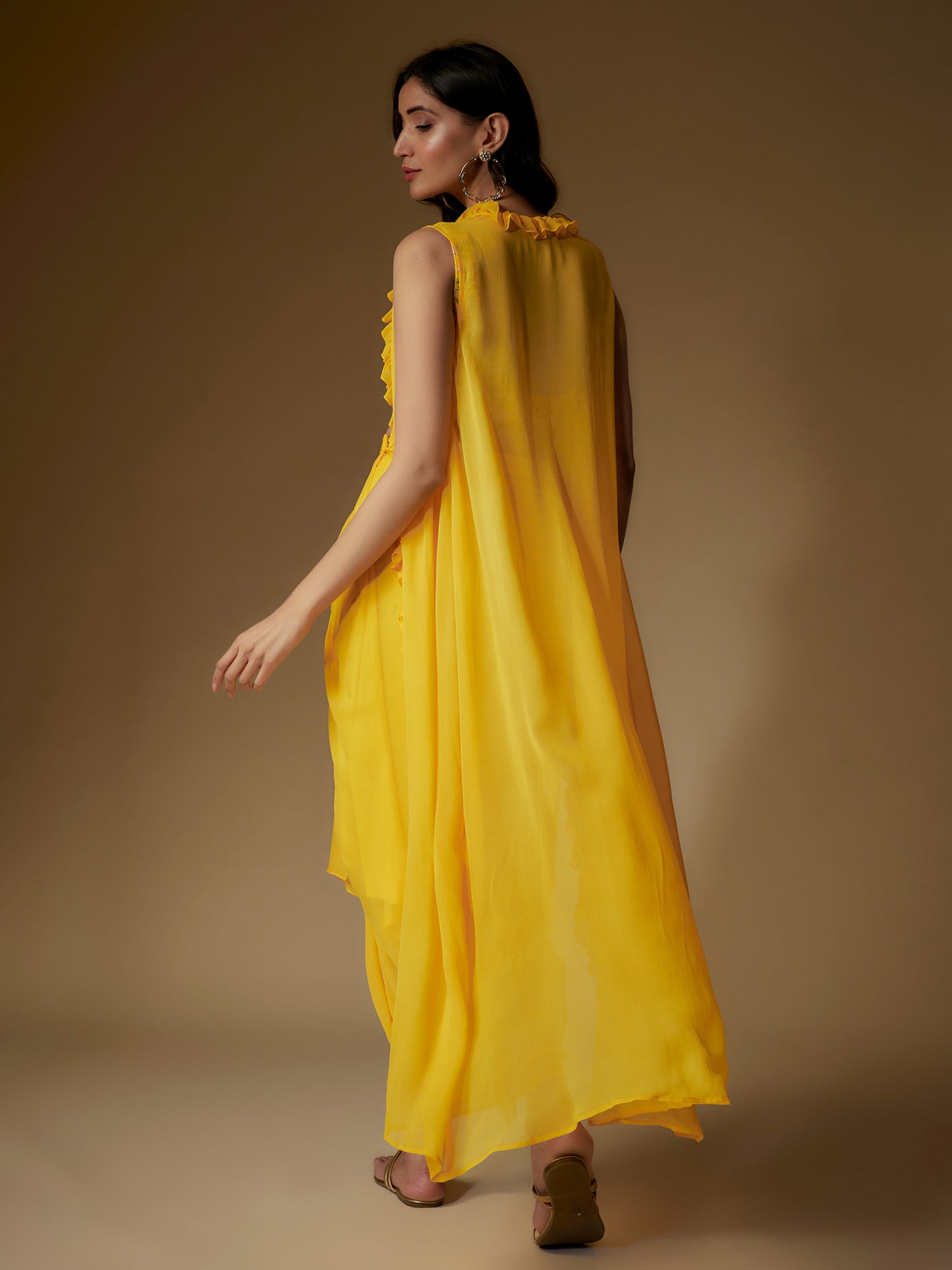Yellow Georgette Embroidered Draped Skirt Set with Cape
