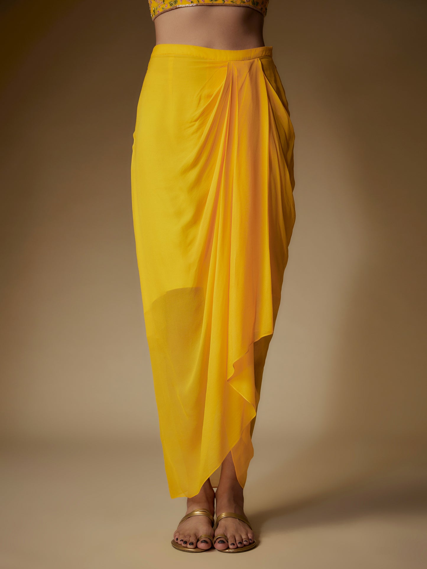 Yellow Georgette Embroidered Draped Skirt Set with Cape