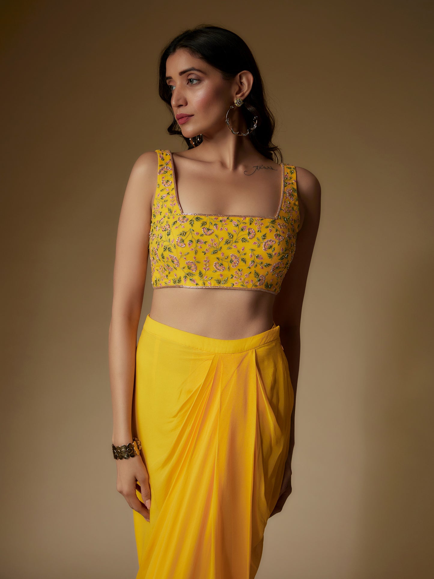 Yellow Georgette Embroidered Draped Skirt Set with Cape