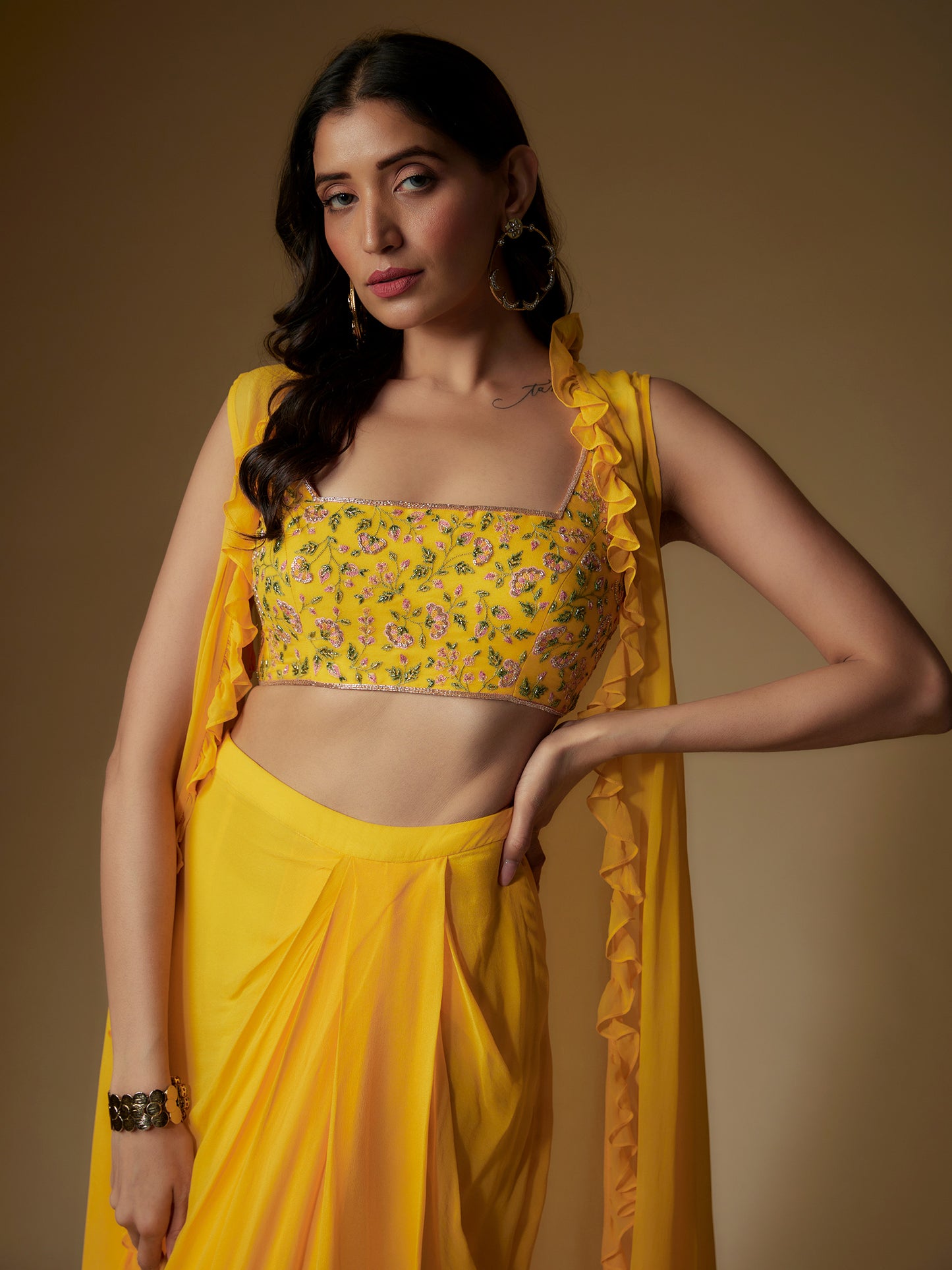 Yellow Georgette Embroidered Draped Skirt Set with Cape
