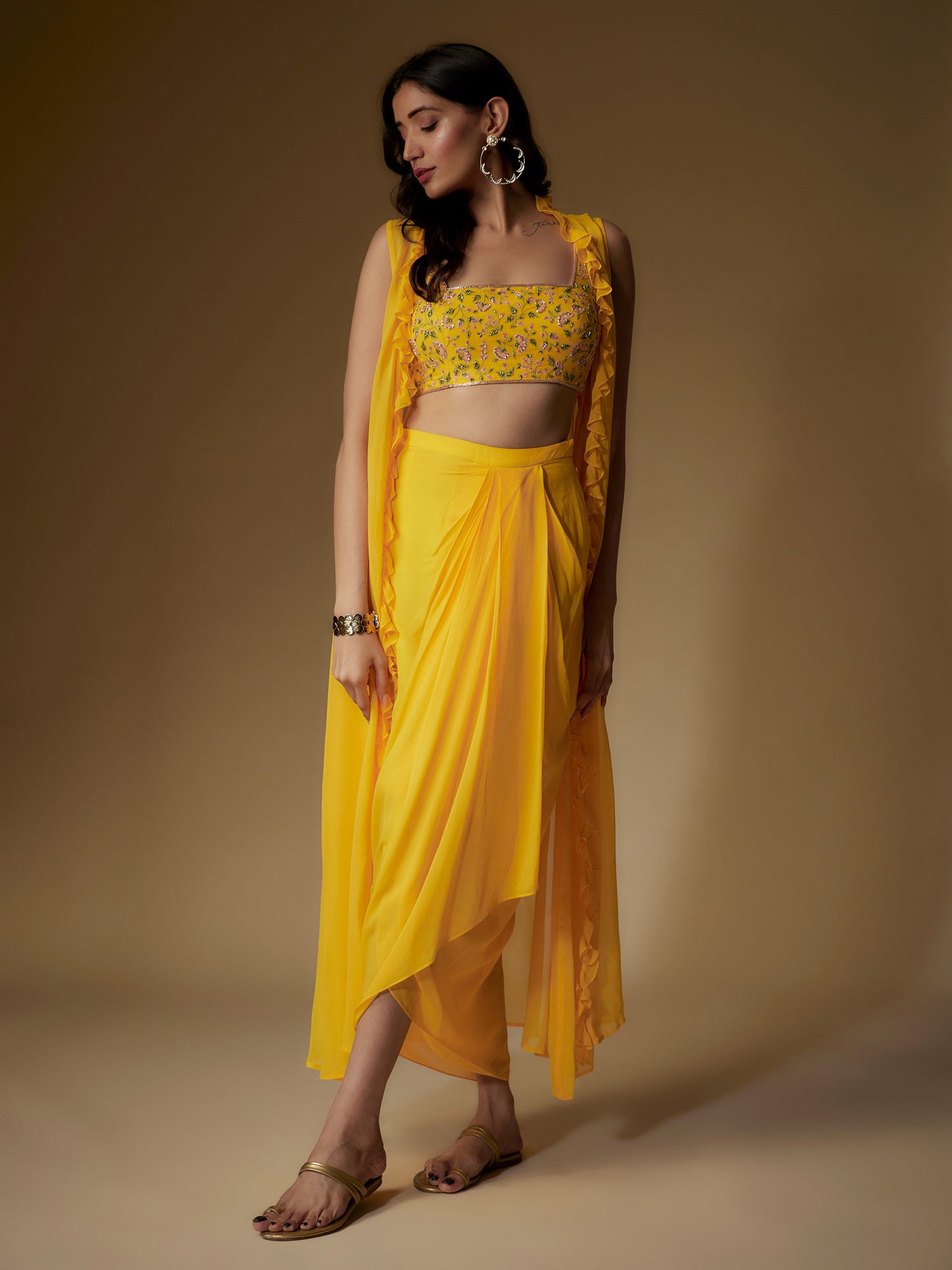 Yellow Georgette Embroidered Draped Skirt Set with Cape
