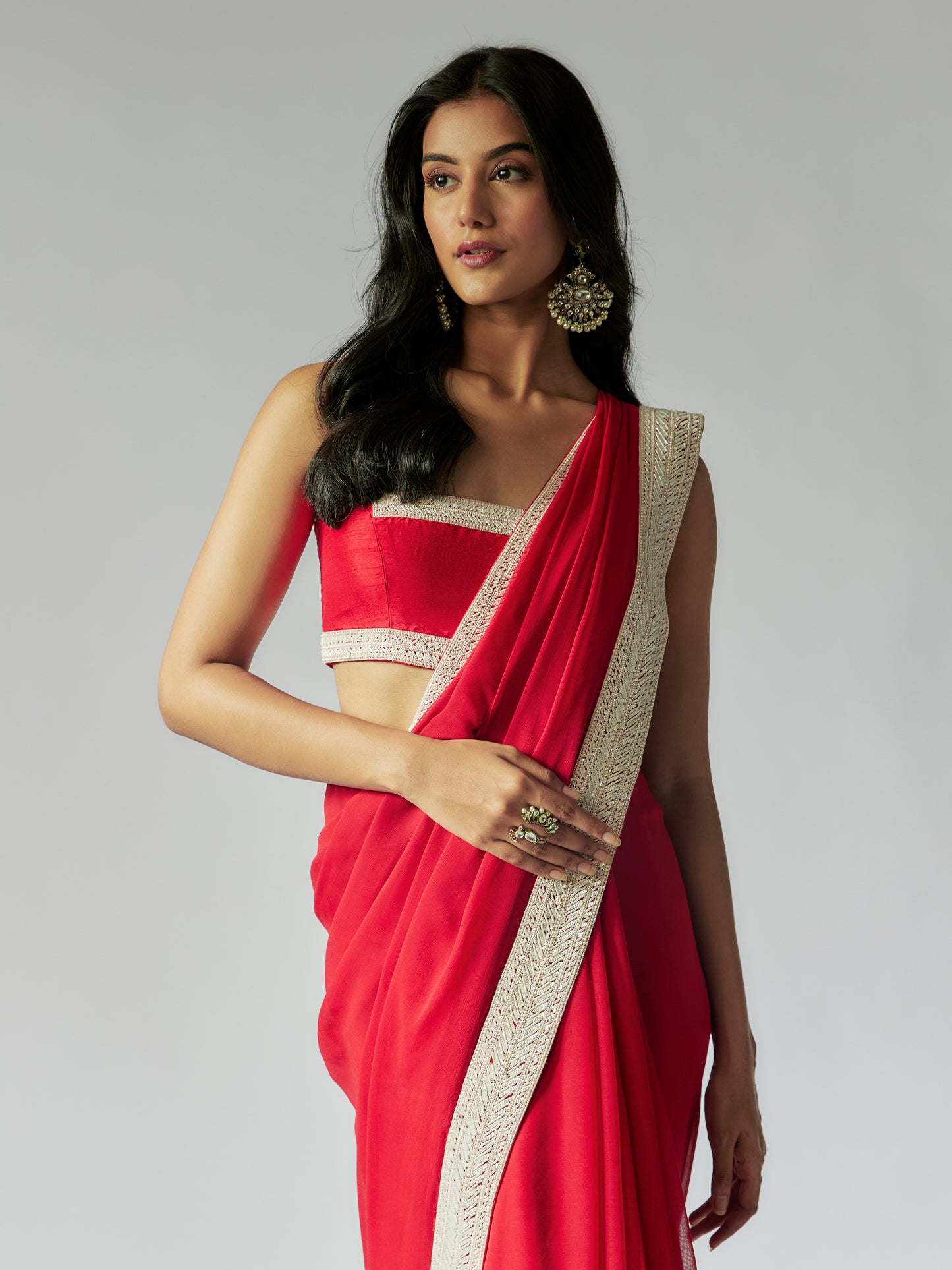 Red Georgette Saree with Ivory Border