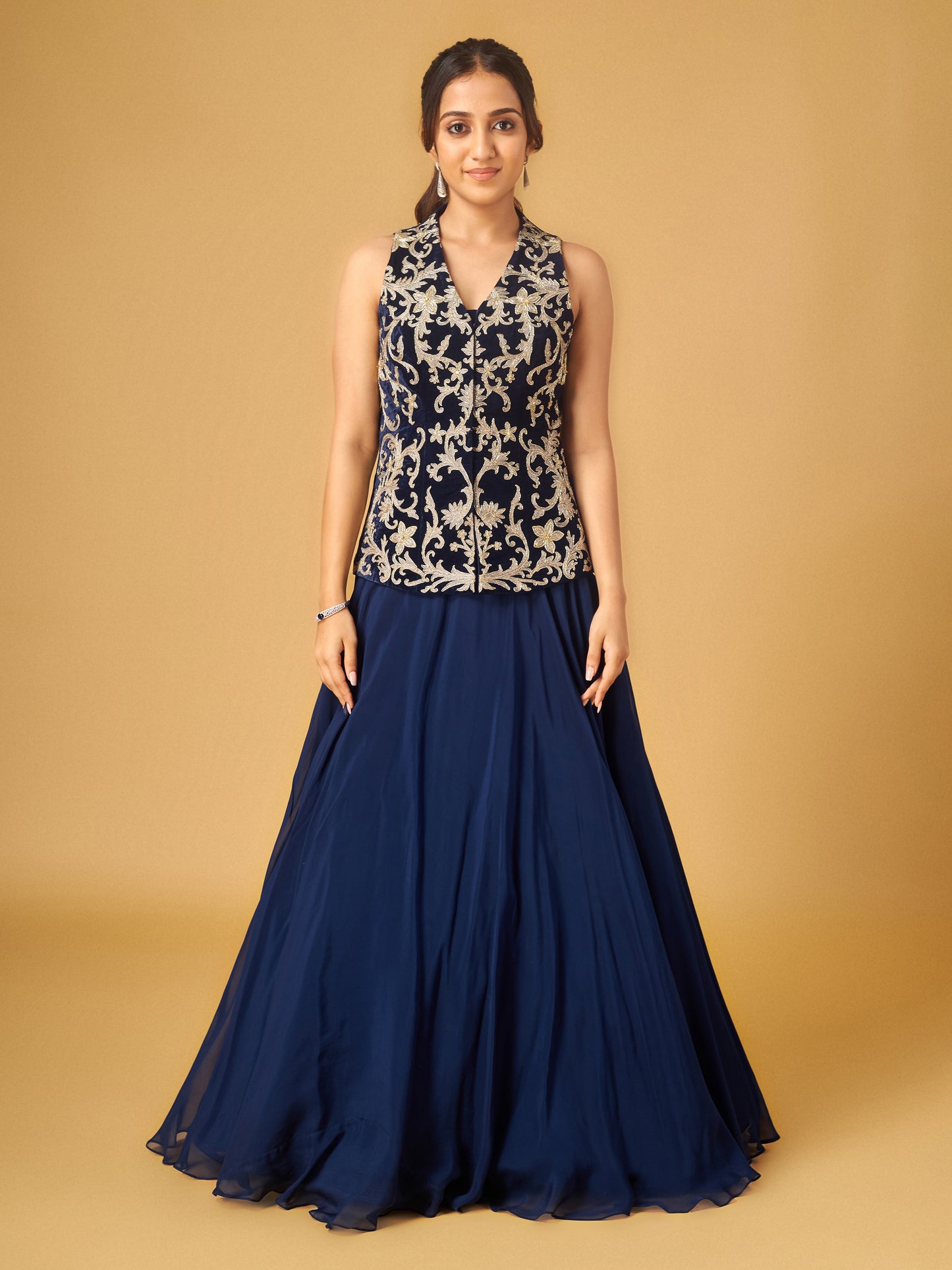 Navy Velvet Embroidered Peplum Jacket and Skirt Set