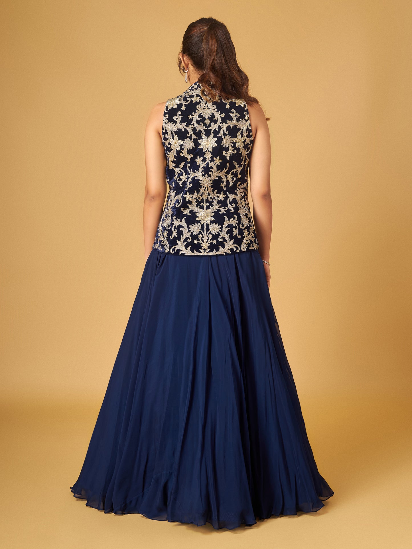 Navy Velvet Embroidered Peplum Jacket and Skirt Set