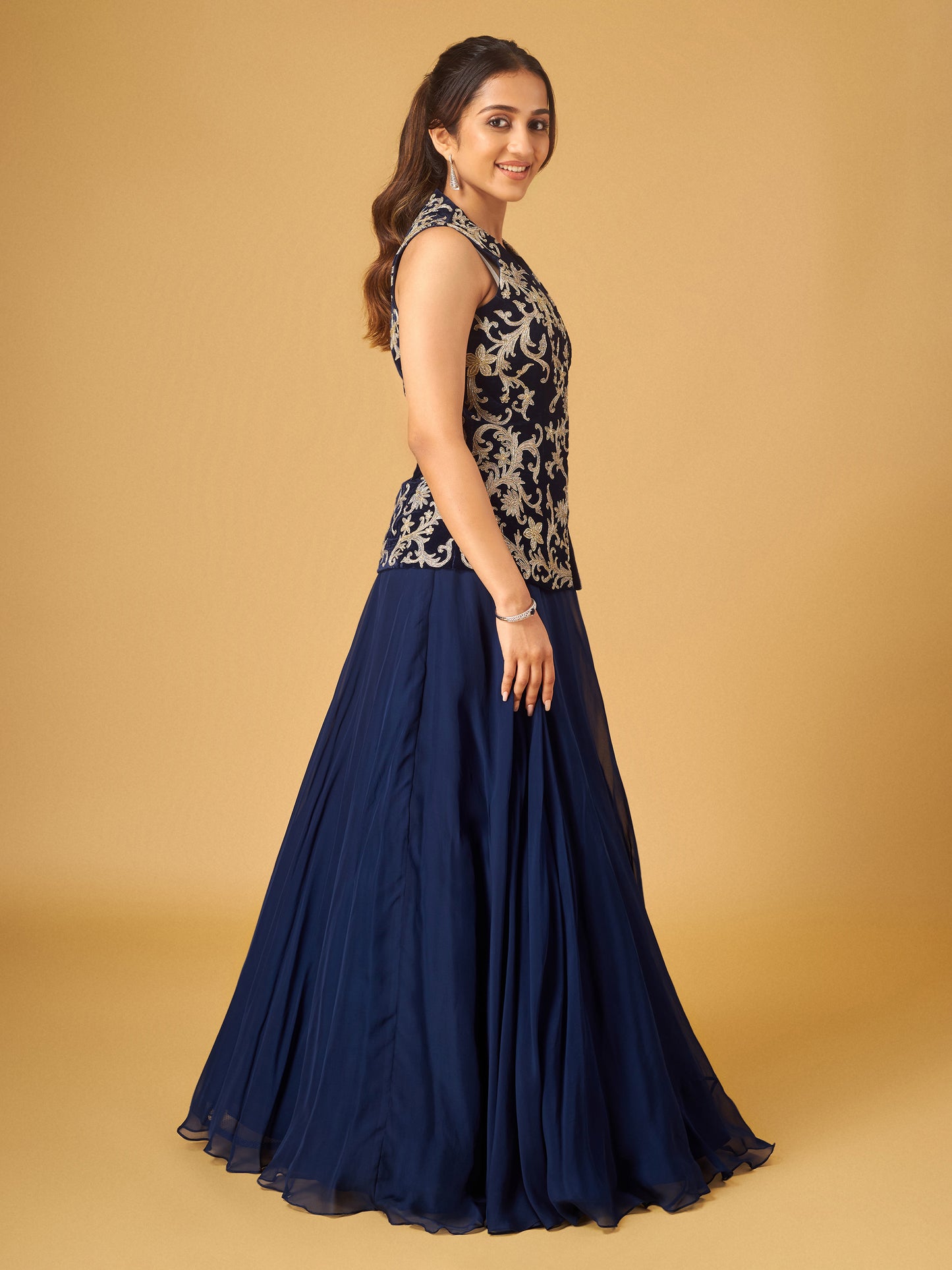 Navy Velvet Embroidered Peplum Jacket and Skirt Set